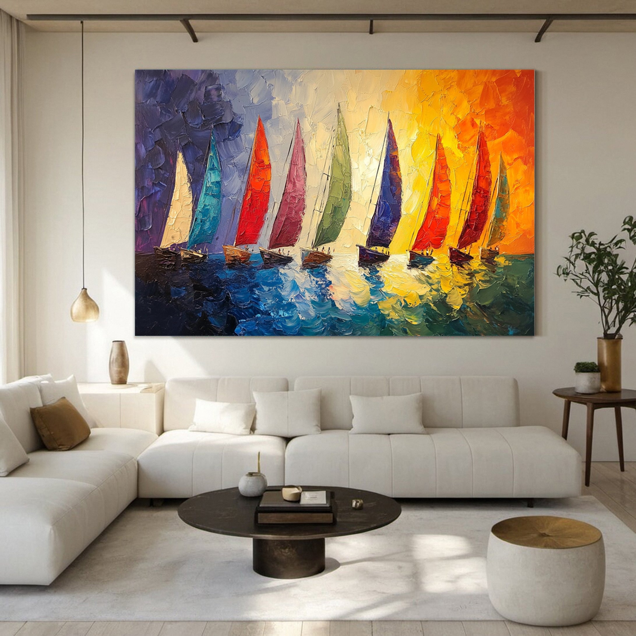 Colorful Regatta Textured Sailboat Painting Sunset Wall Art #MMA 158