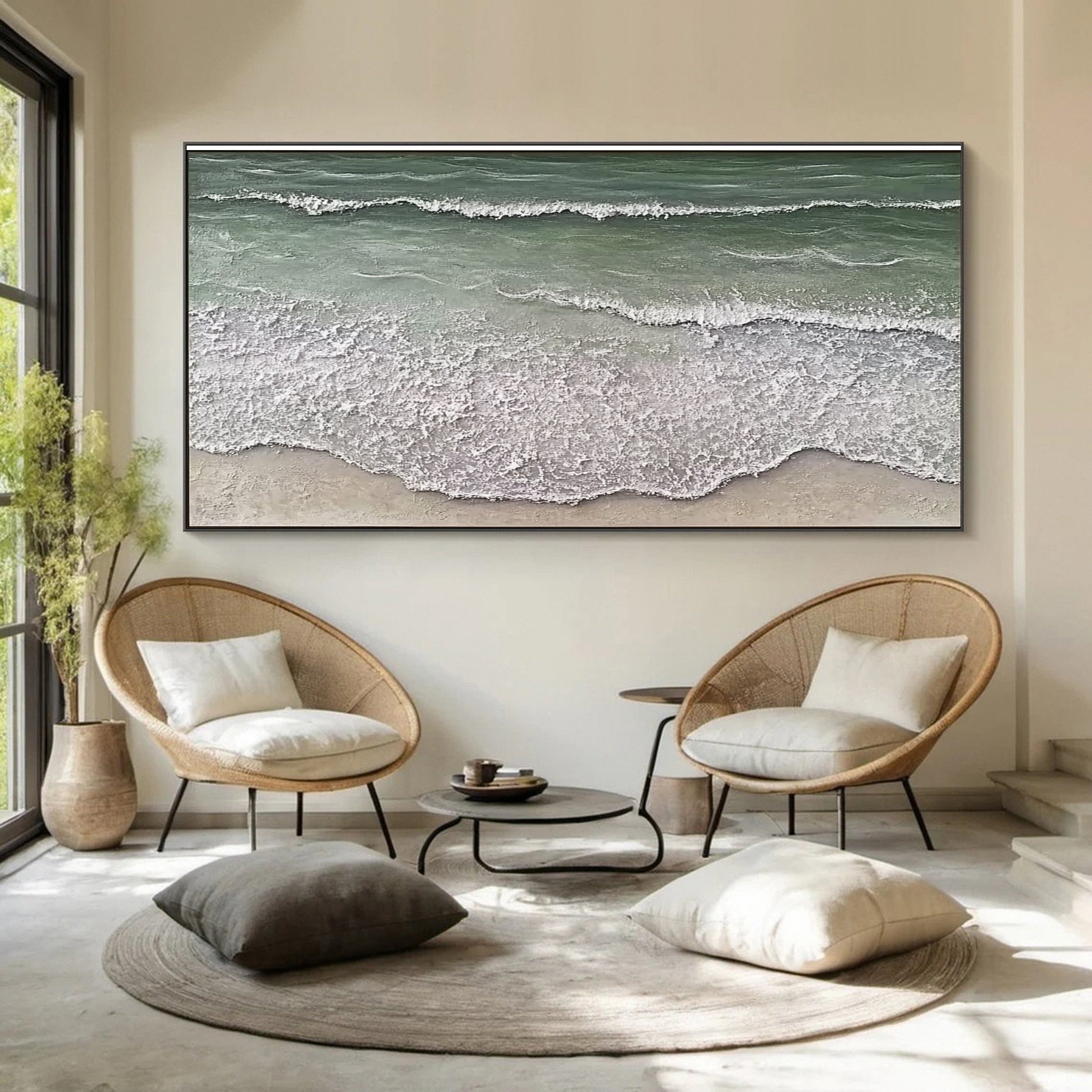 Large Green & White Sea Wave Textured Wall Art #OS 050