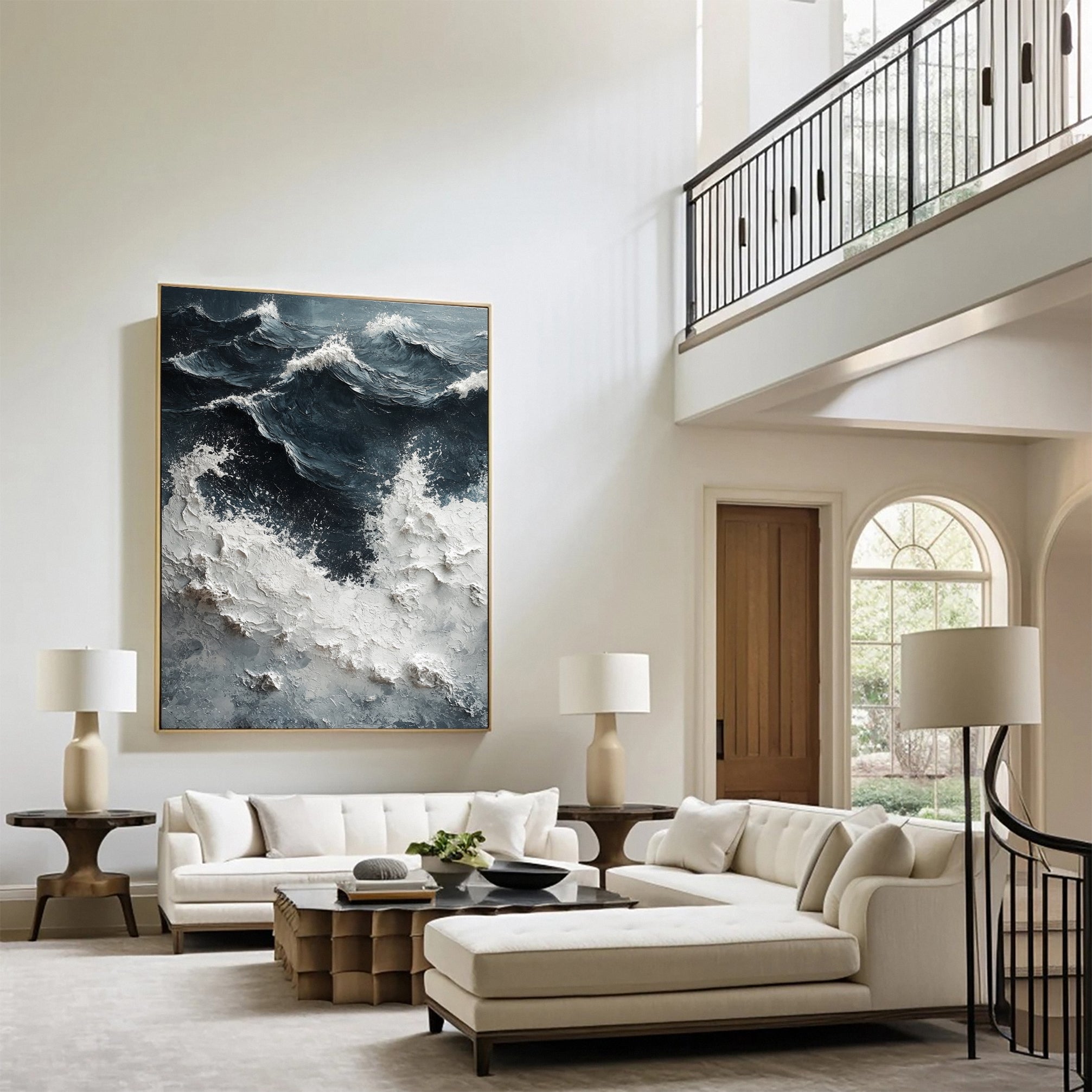 Sea Wave Blue & White Large Textured Ocean Wall Art #OS 043