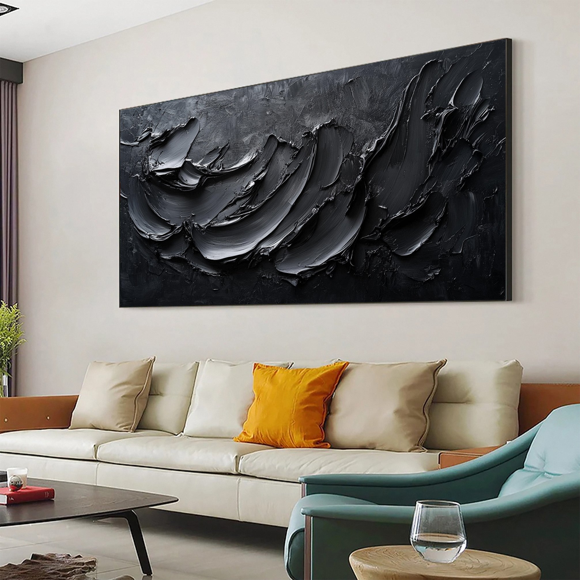 Luxurious Depths Large Black Textured Abstract Canvas Art #MMA 111