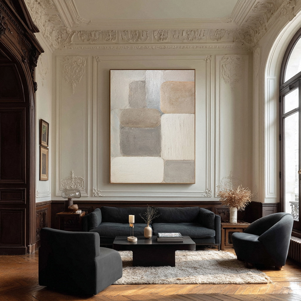 Large Beige & Gray Block Abstract Painting #AG 016