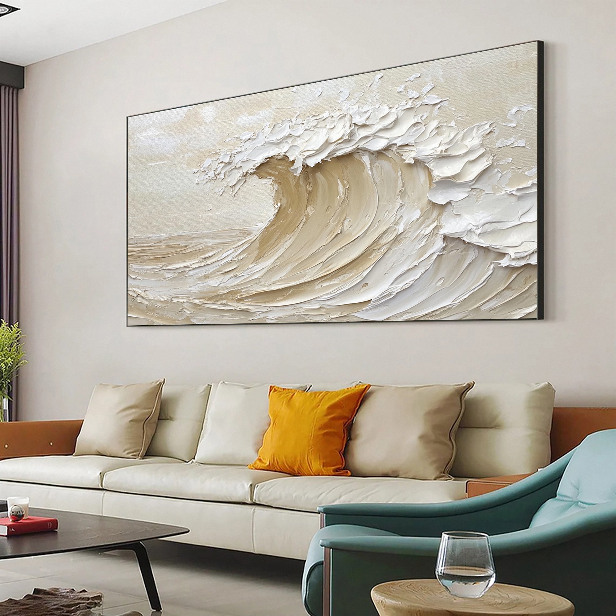 Neutral Toned Wave Large Ocean Textured Wall Art #OS 045