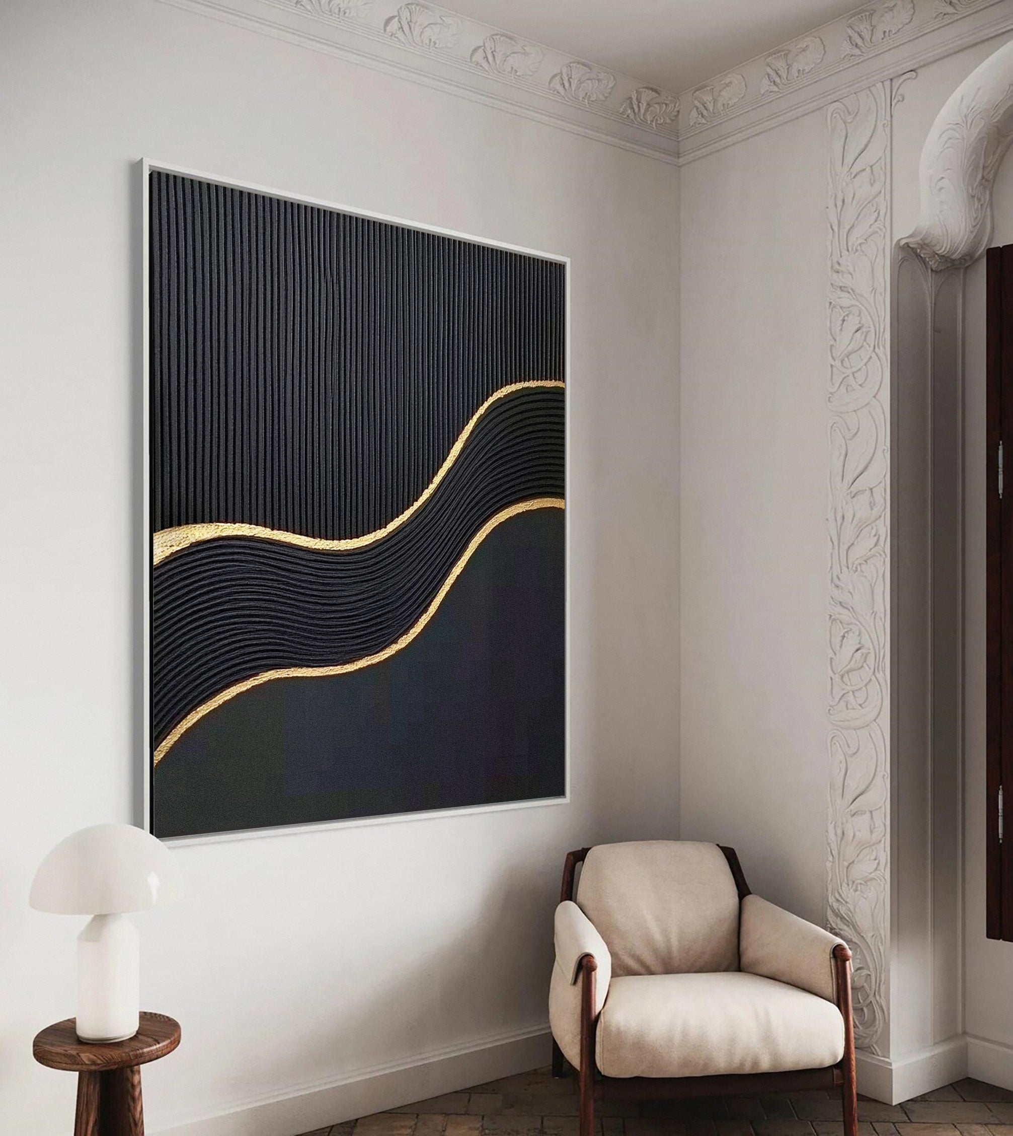 Luxury Waves Black and Gold Abstract Canvas Art #MMA 123