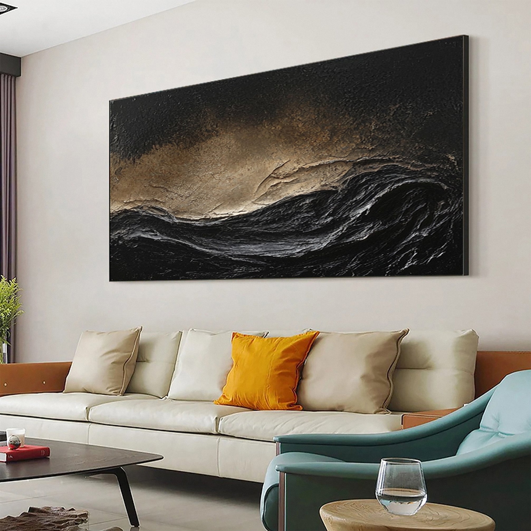 Stormy Elegance Large Black and Gold Abstract Wall Art #MMA 147