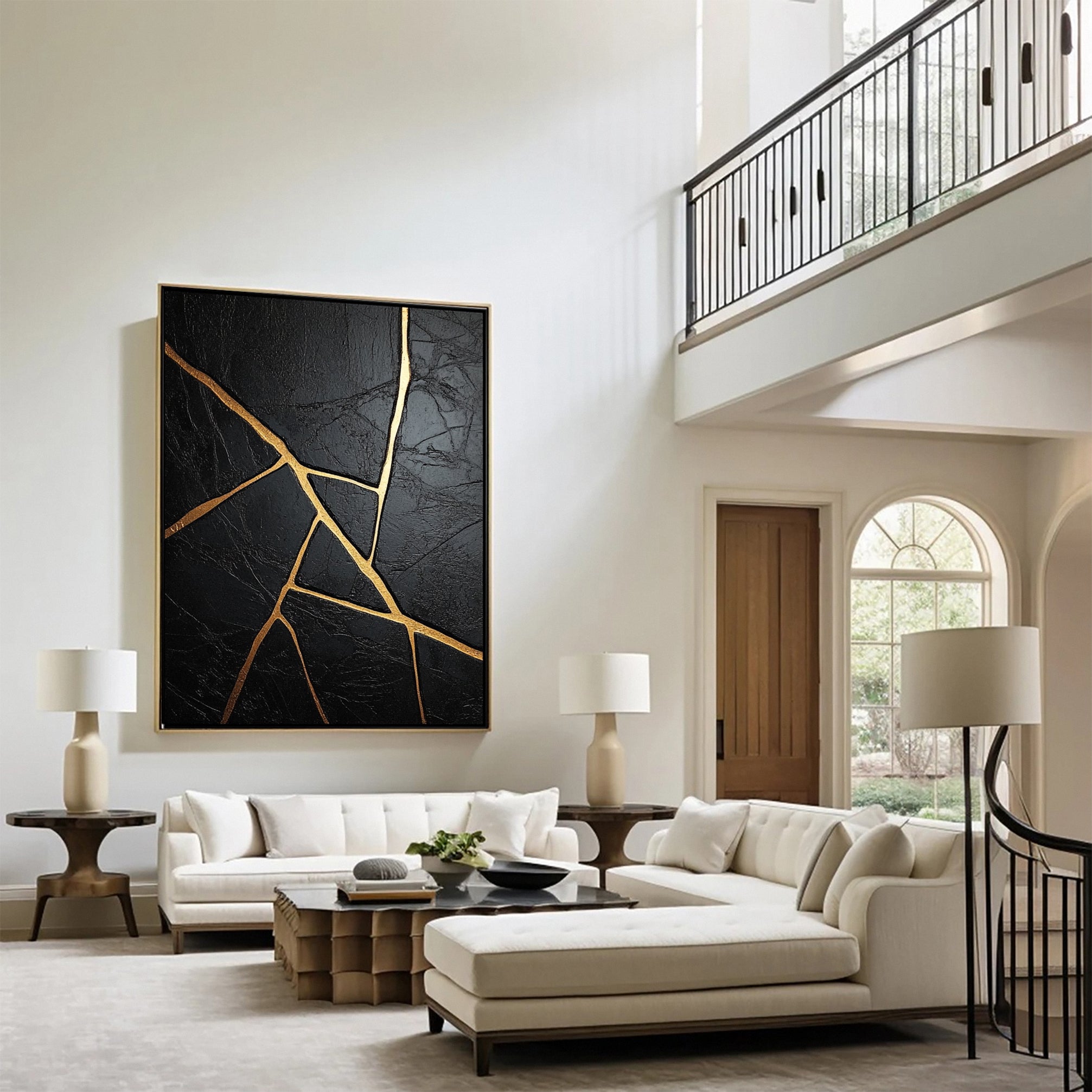 Golden Cracks Black Modern Abstract Art for Elegant Interiors #MMA 108