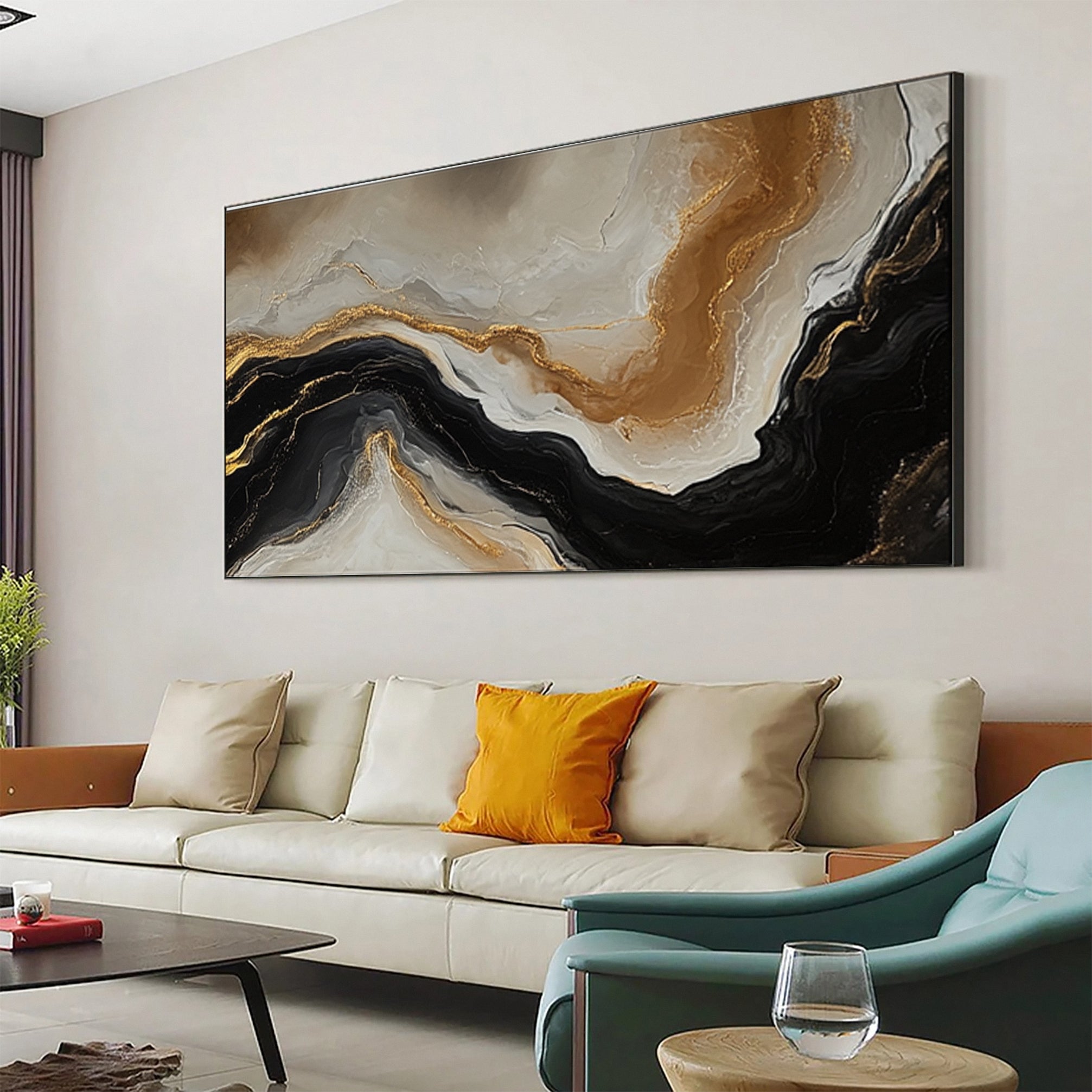 Large Beige & Black Abstract Wall Art For Living Room Decor #AP 056