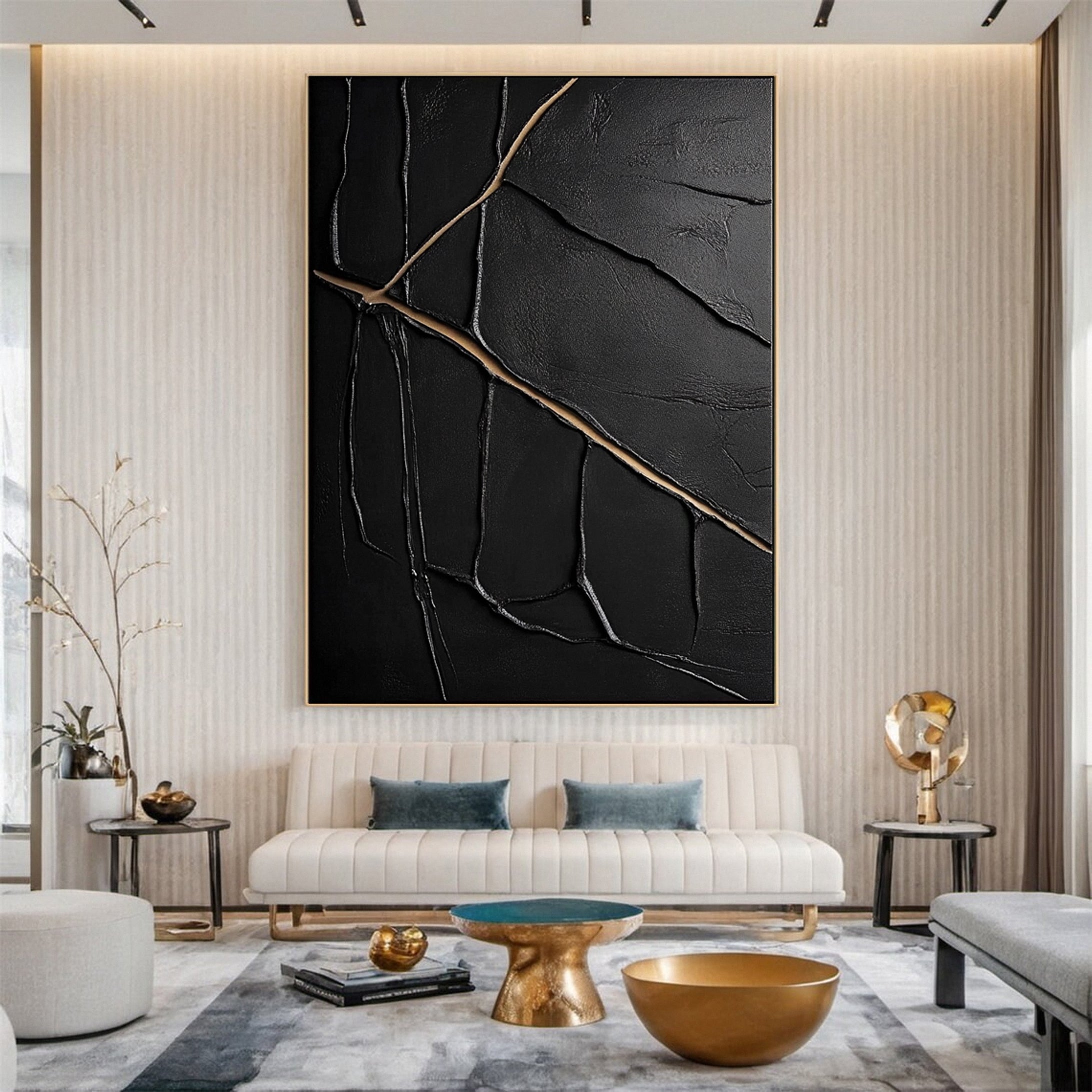 Golden Cracks Black Modern Abstract Art for Elegant Interiors #MMA 110