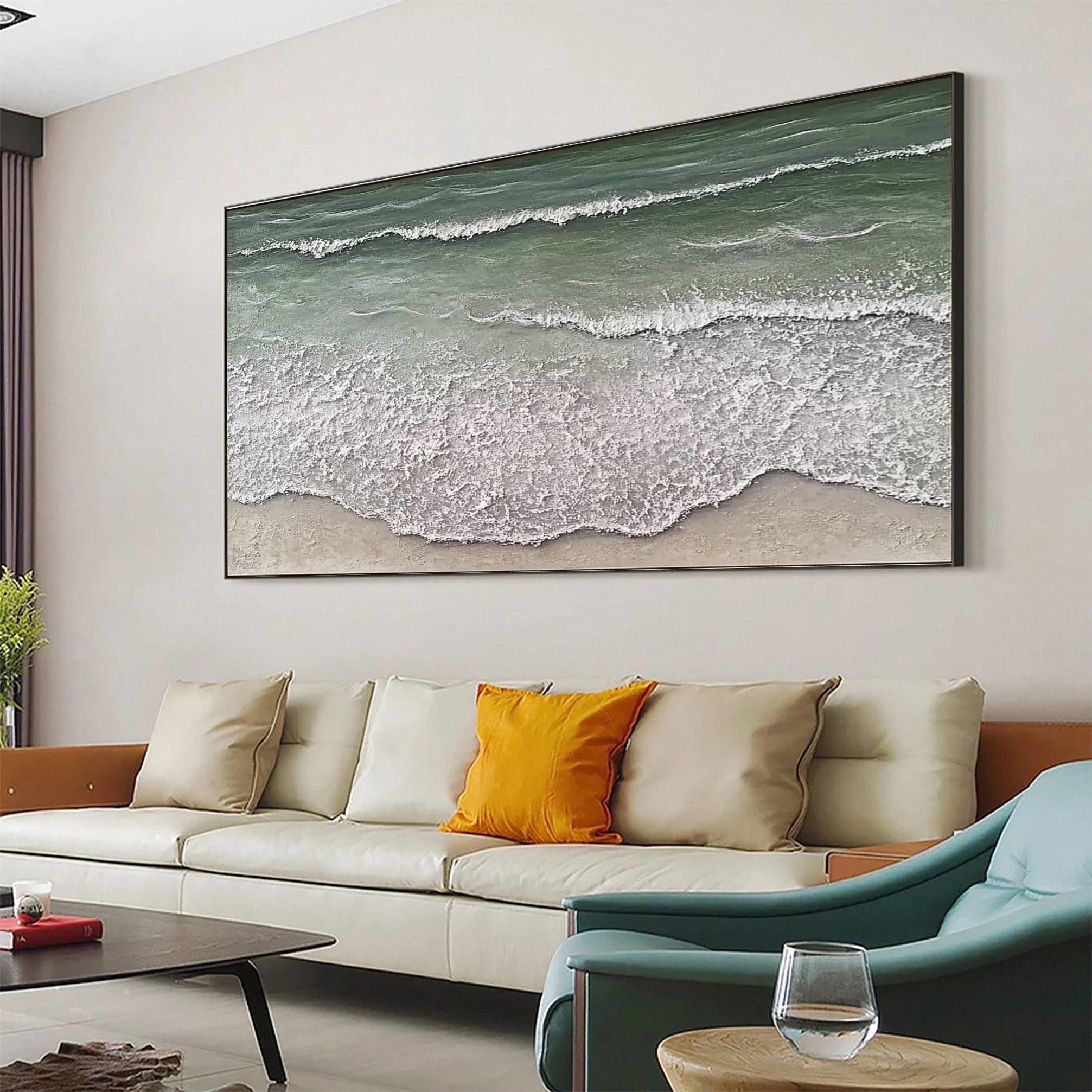 Large Green & White Sea Wave Textured Wall Art #OS 050