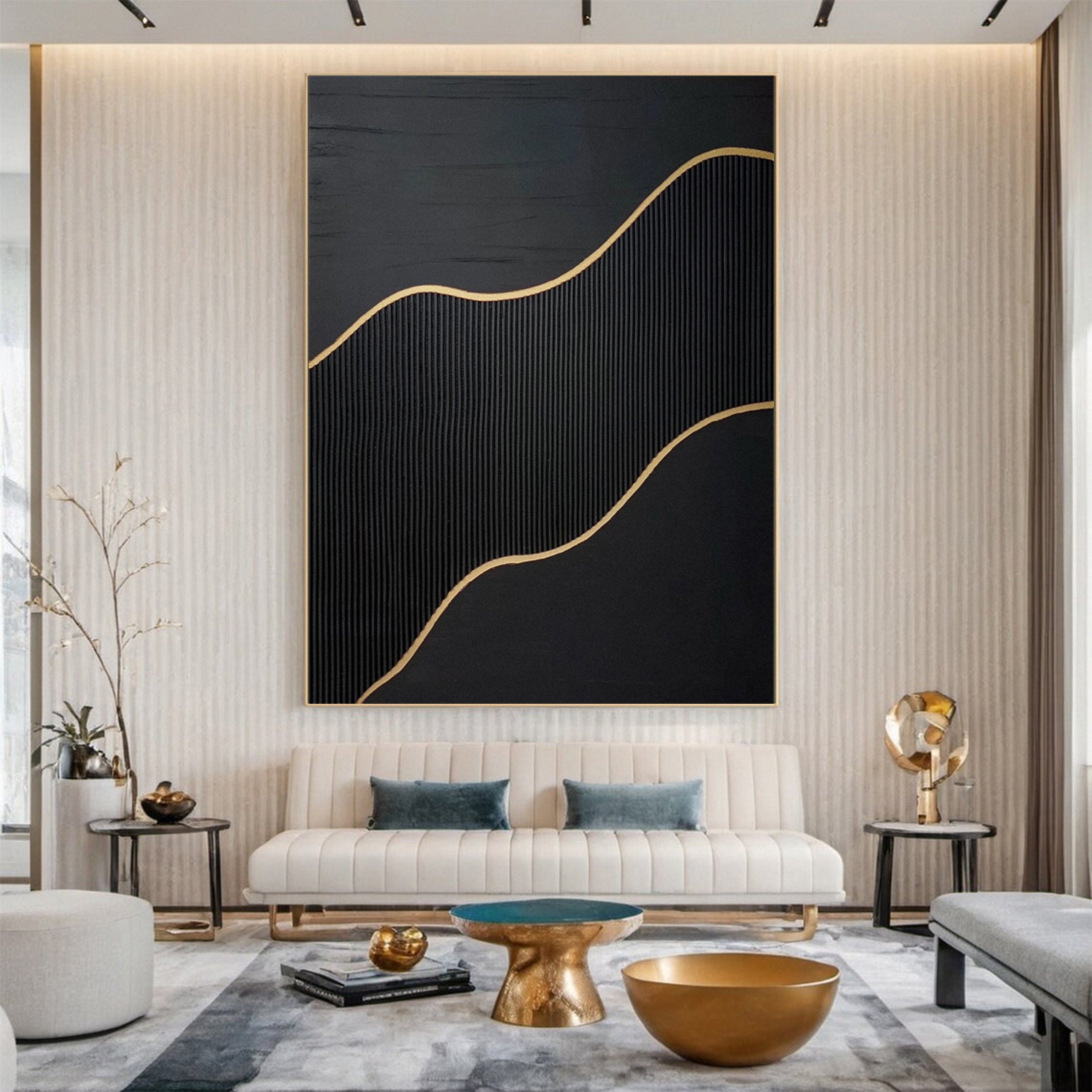 Golden Sway Chic Black and Gold Large Textured Wall Art #MMA 125