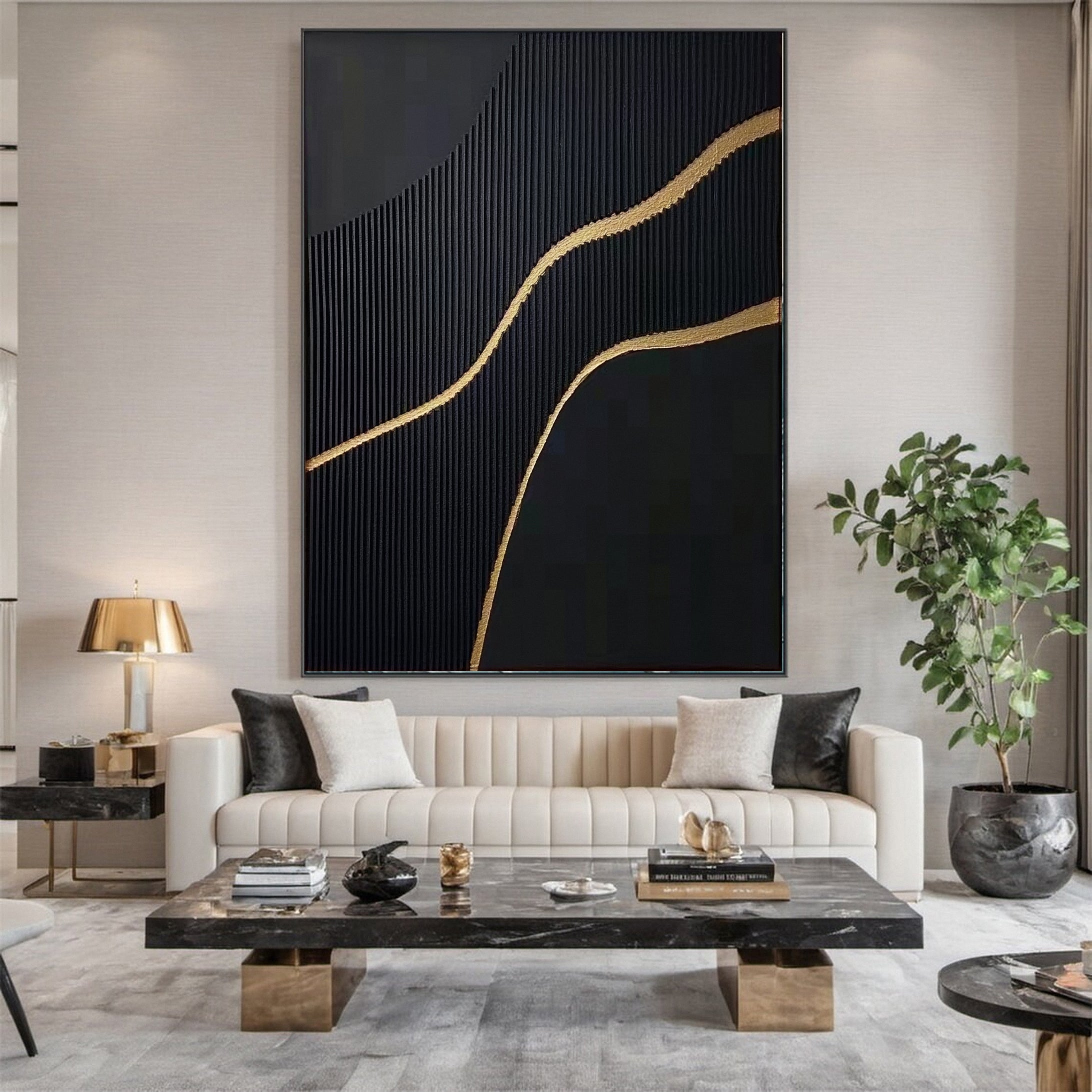 Golden Sway Chic Black and Gold Large Textured Wall Art #MMA 128