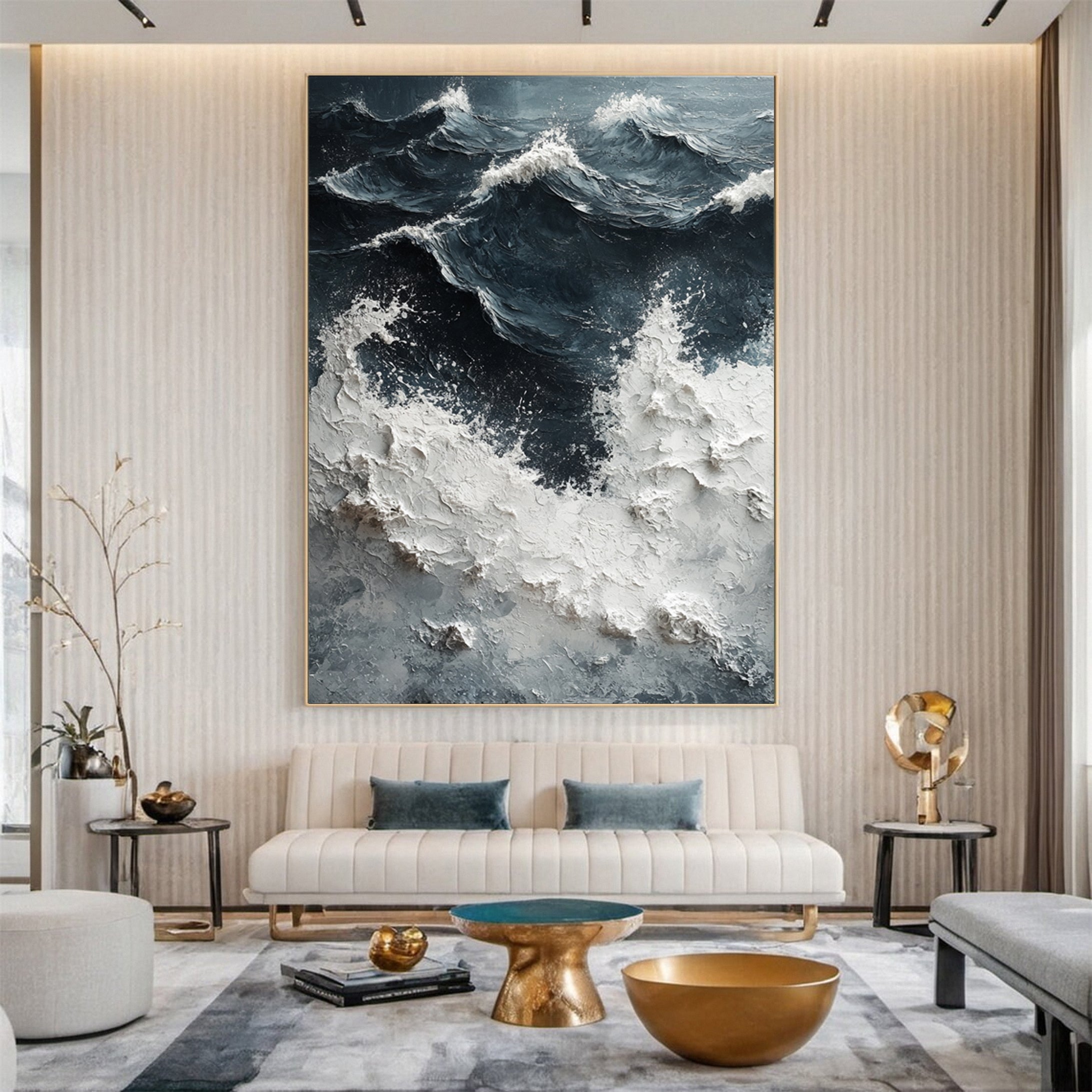 Sea Wave Blue & White Large Textured Ocean Wall Art #OS 043