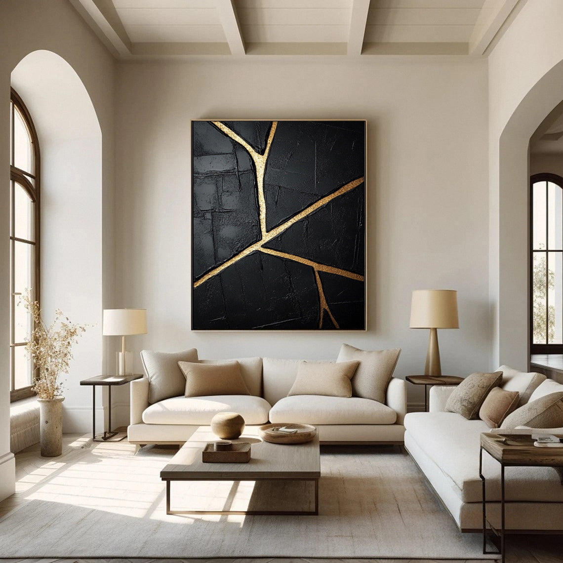 Golden Cracks Black Modern Abstract Art for Elegant Interiors #MMA 109