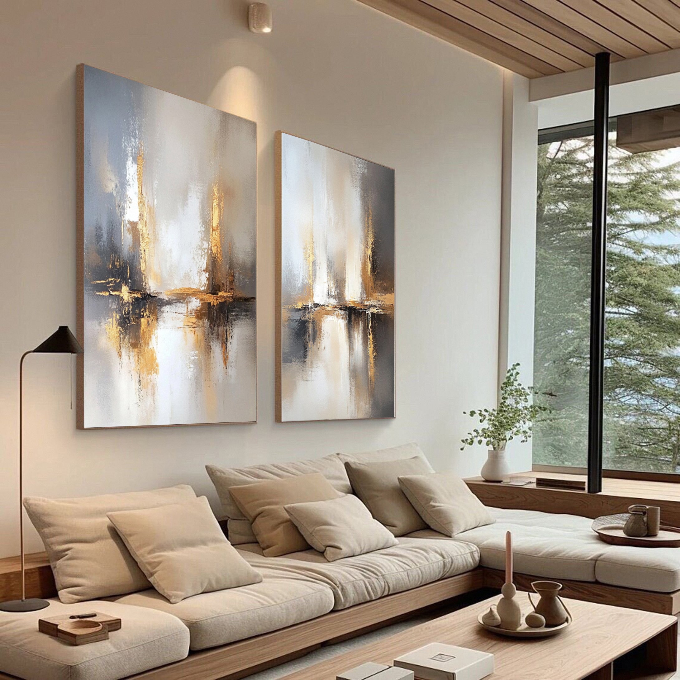 Golden Reflections Luxurious Large Abstract Art Set Of 2 #APS 003