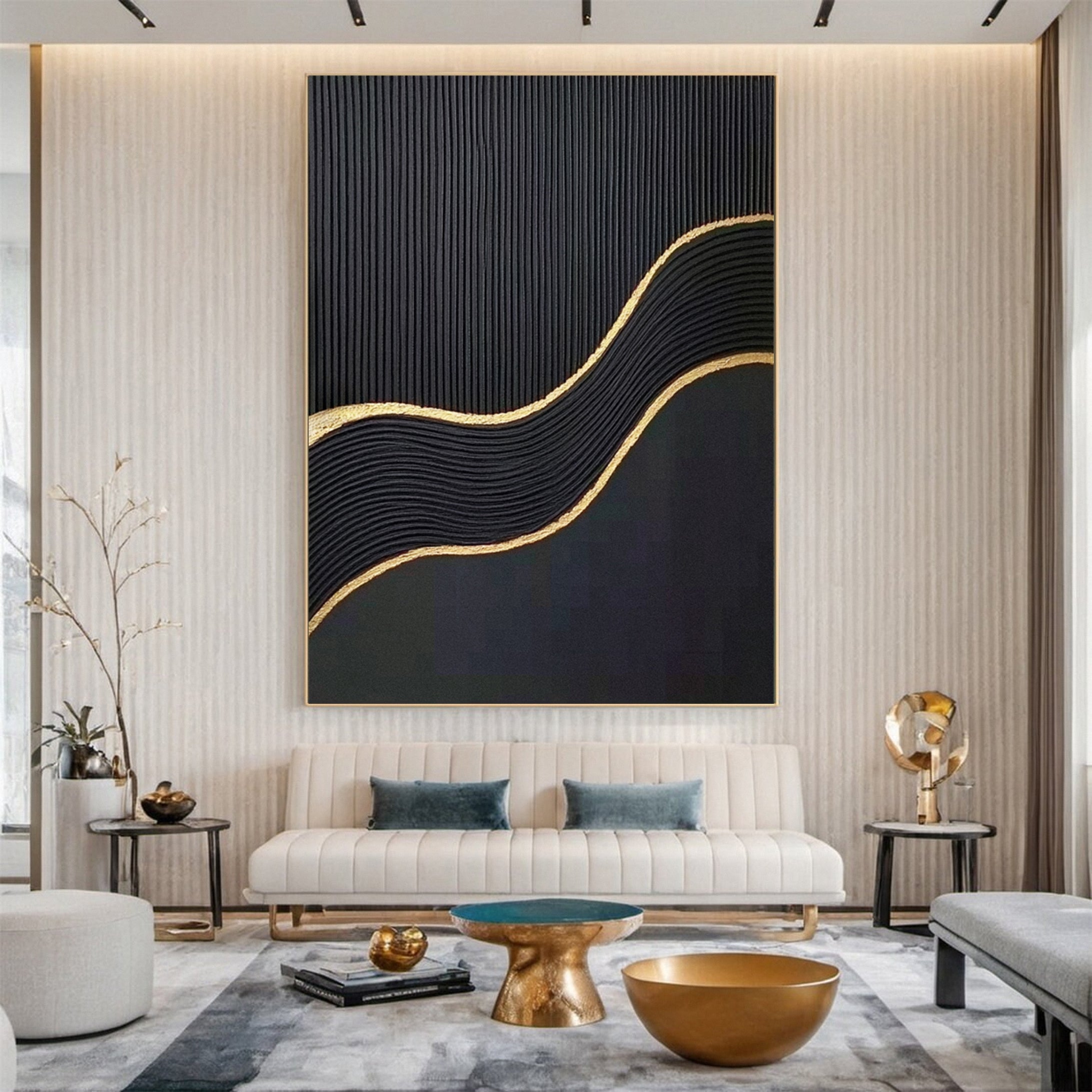 Luxury Waves Black and Gold Abstract Canvas Art #MMA 123