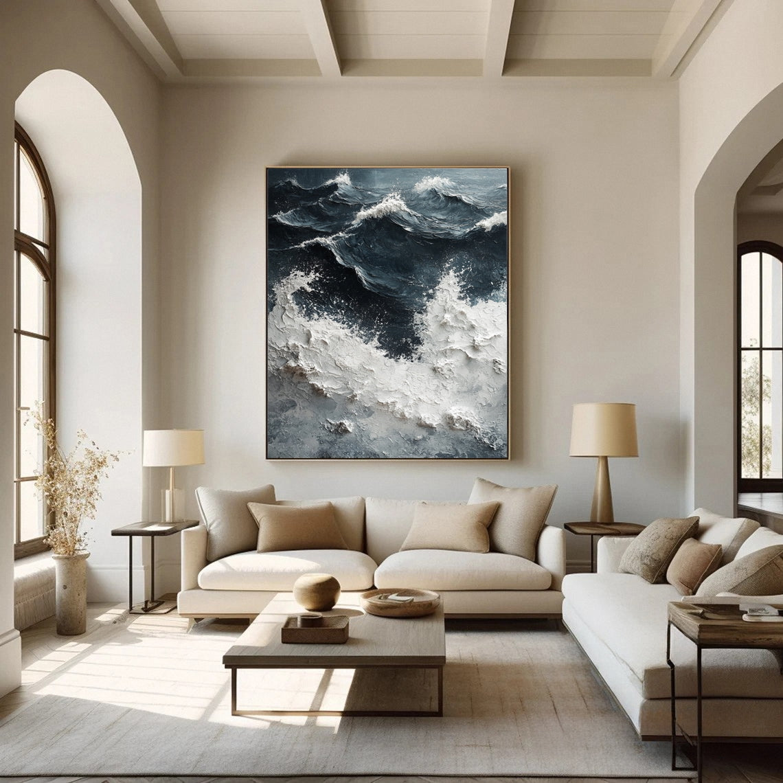 Sea Wave Blue & White Large Textured Ocean Wall Art #OS 043