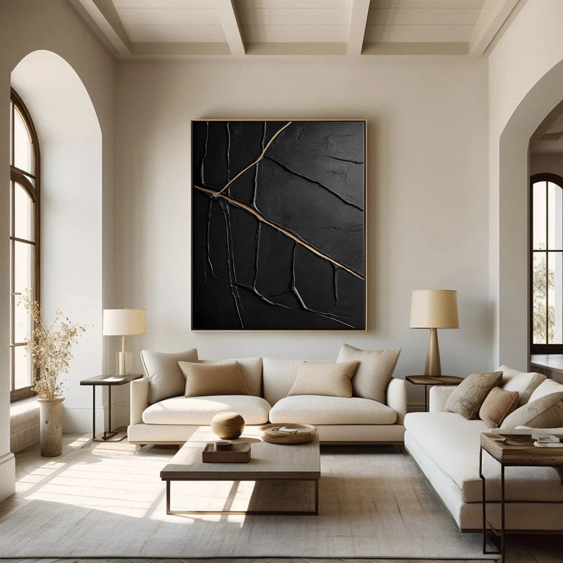 Golden Cracks Black Modern Abstract Art for Elegant Interiors #MMA 110