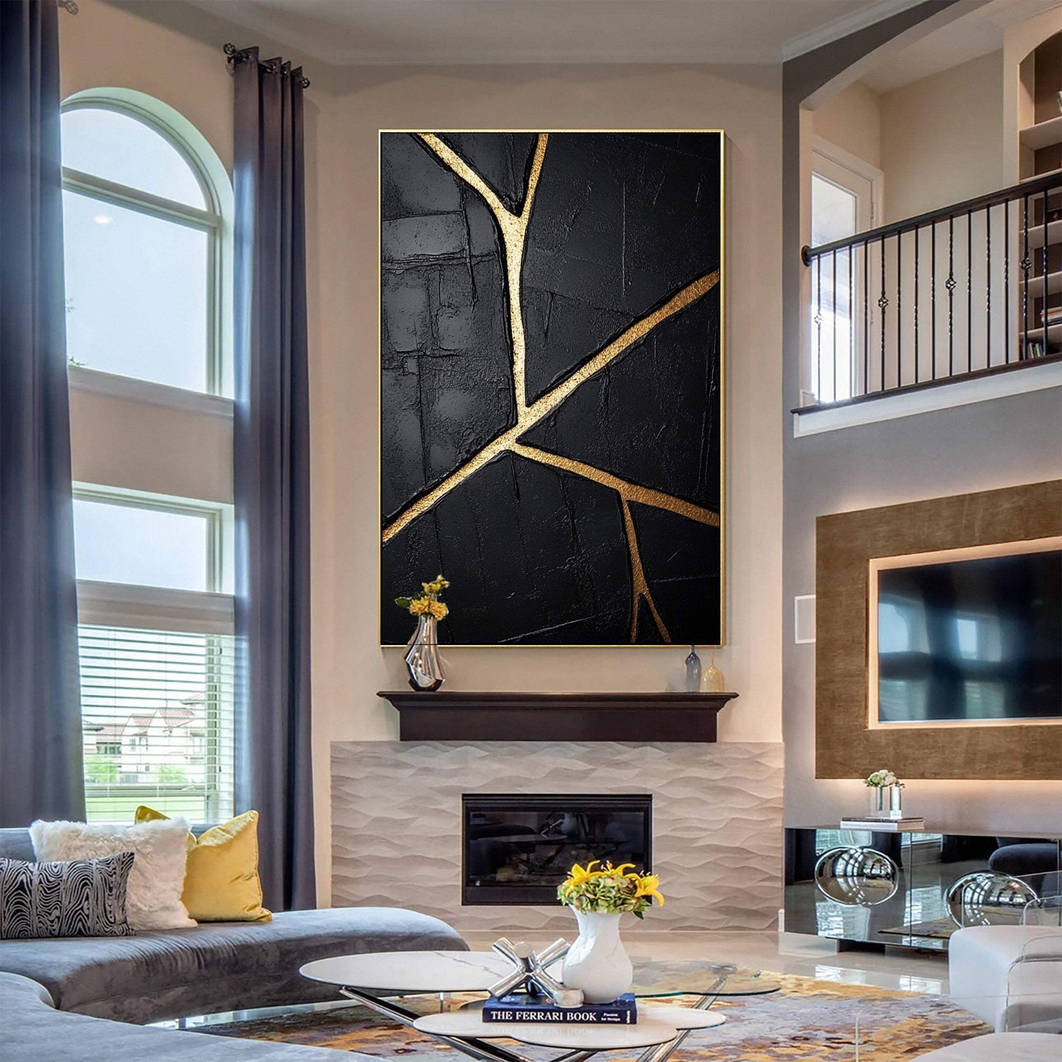 Golden Cracks Black Modern Abstract Art for Elegant Interiors #MMA 109