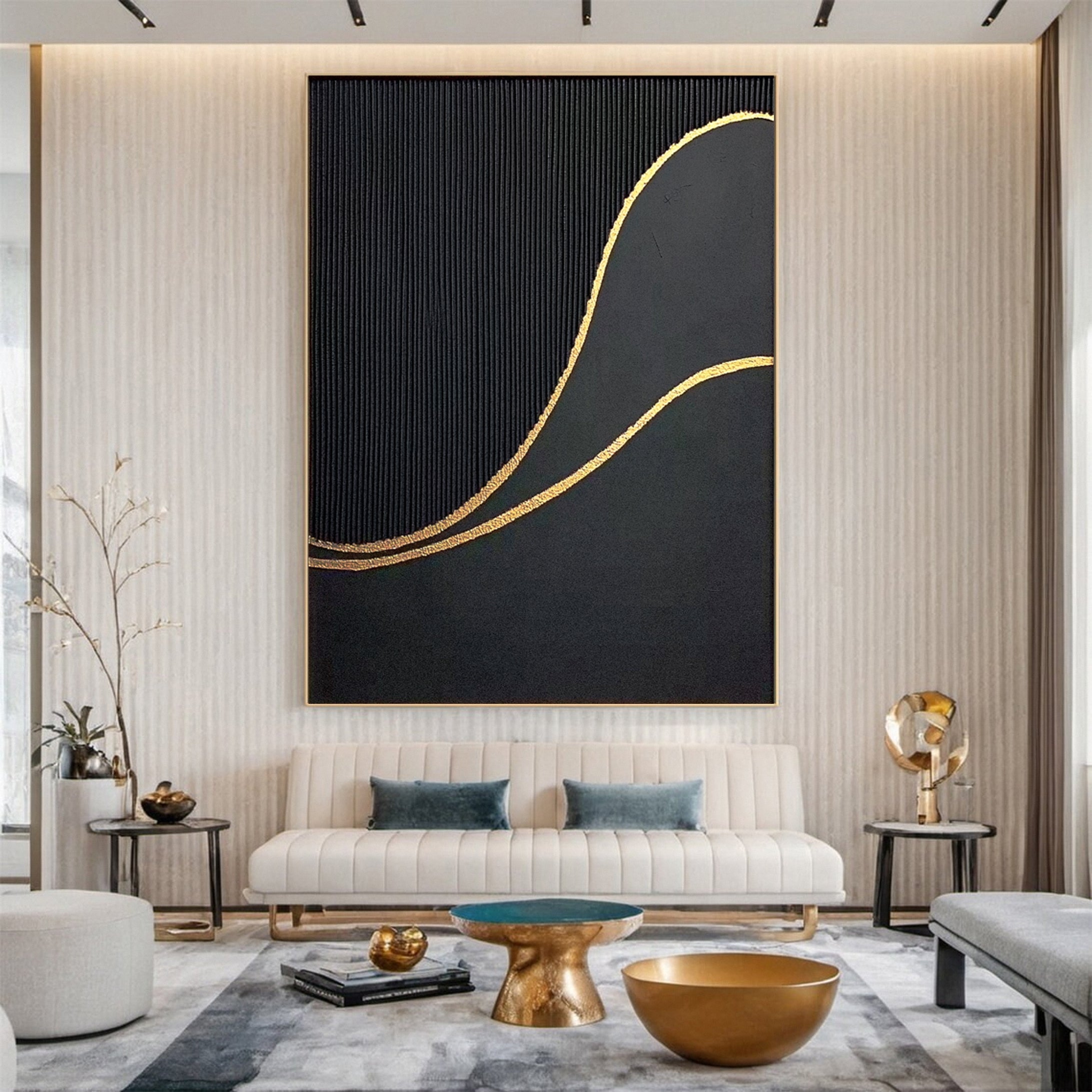 Luxury Waves Black and Gold Abstract Canvas Art #MMA 124