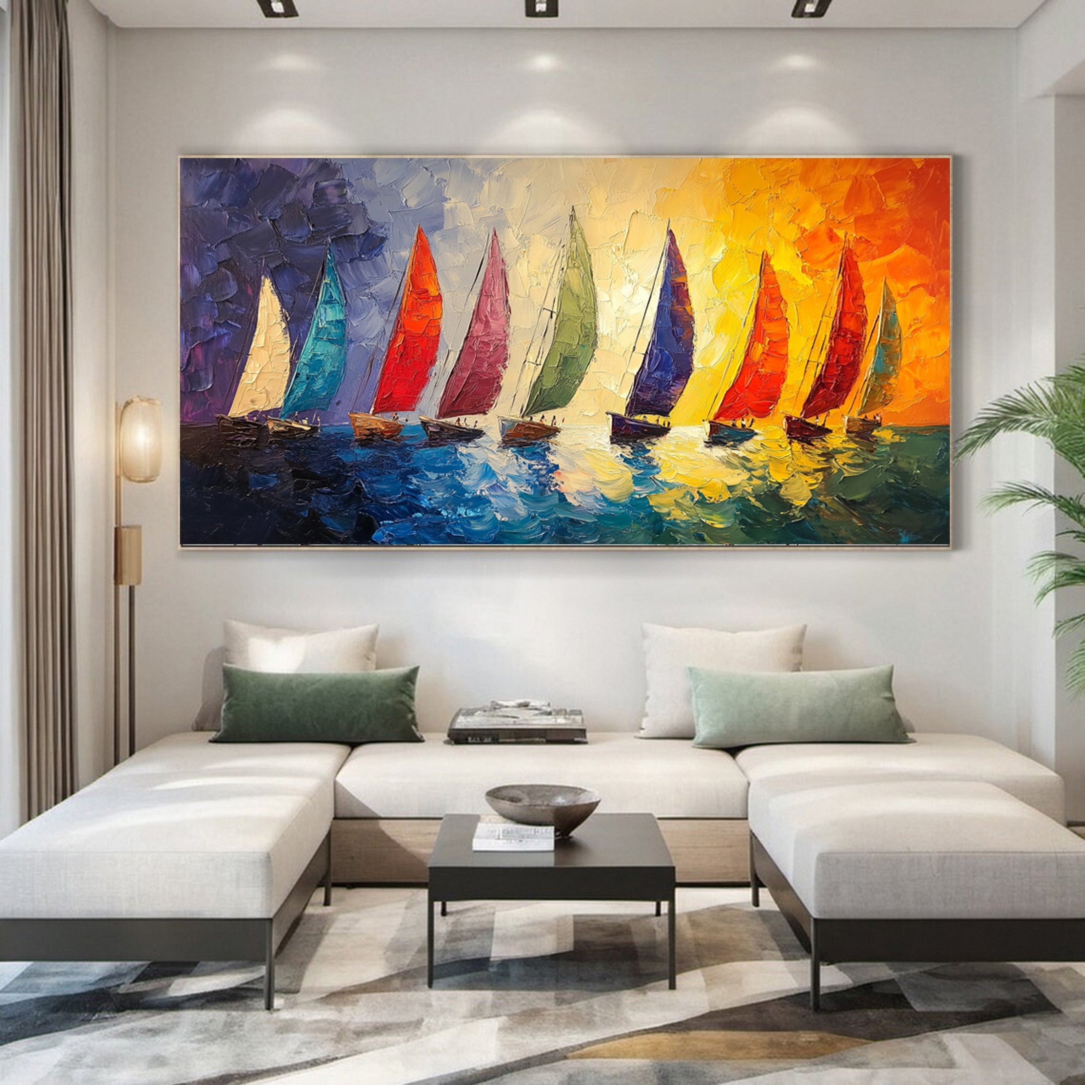 Colorful Regatta Textured Sailboat Painting Sunset Wall Art #MMA 158