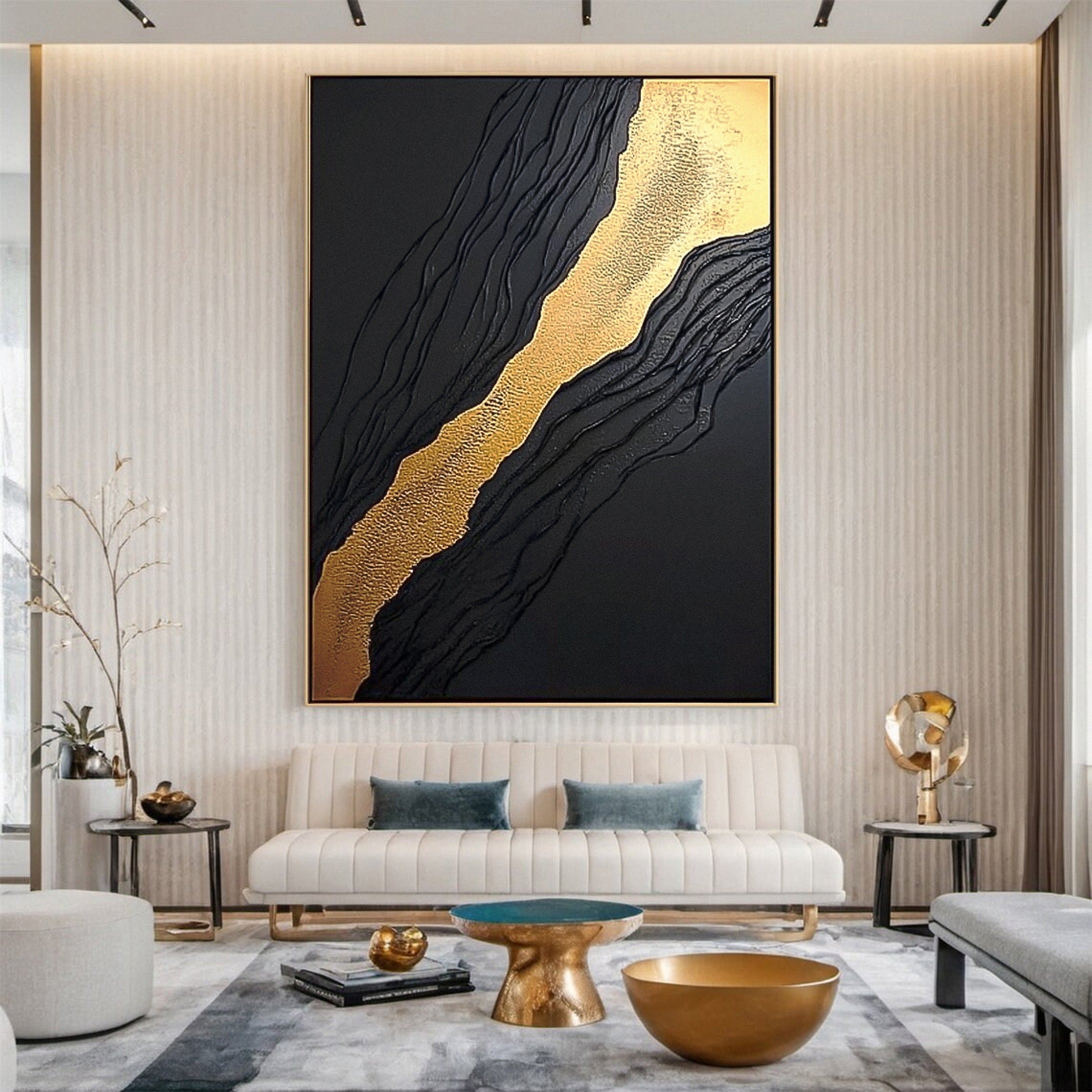 Golden Sway Chic Black and Gold Large Textured Wall Art #MMA 130