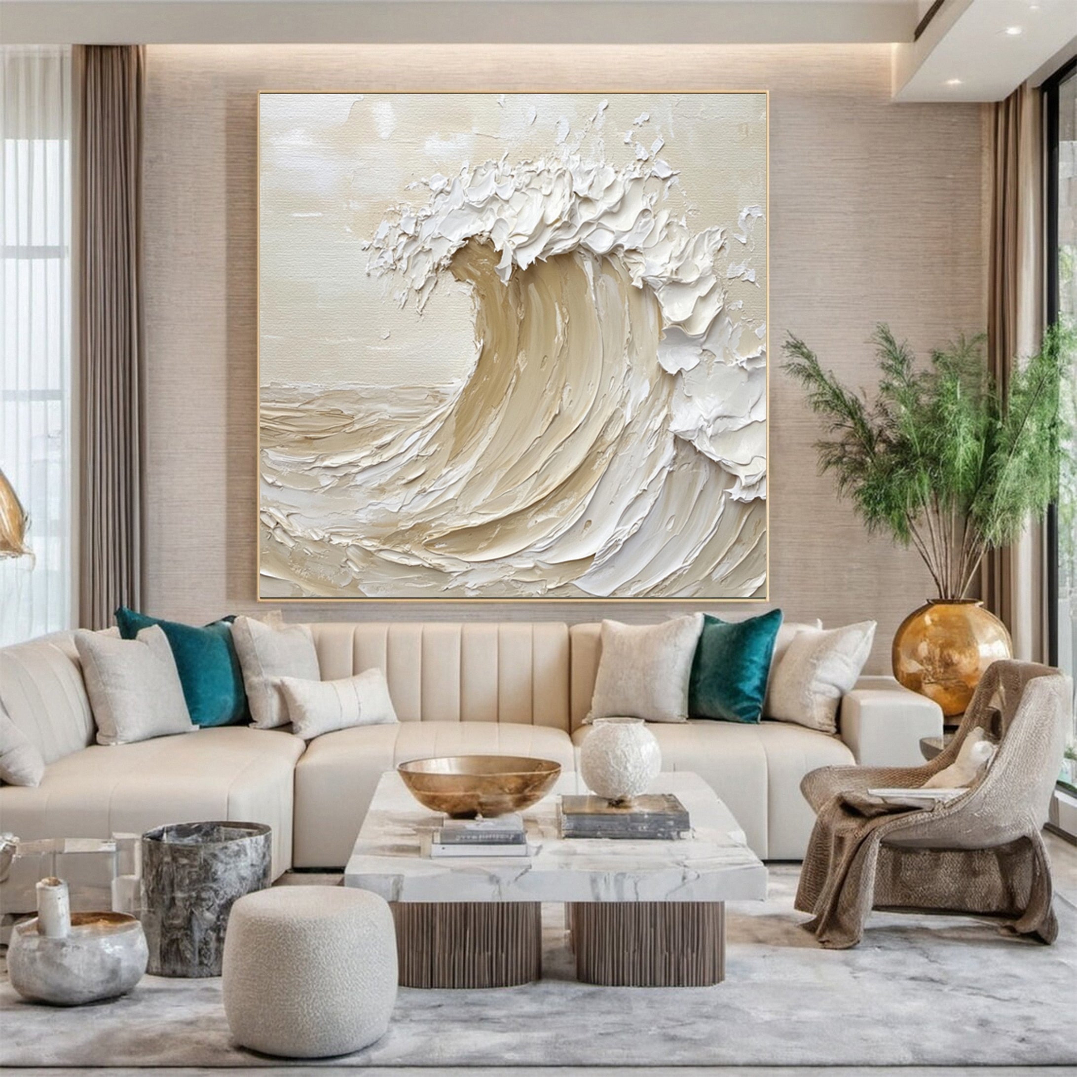 Neutral Toned Wave Large Ocean Textured Wall Art #OS 046