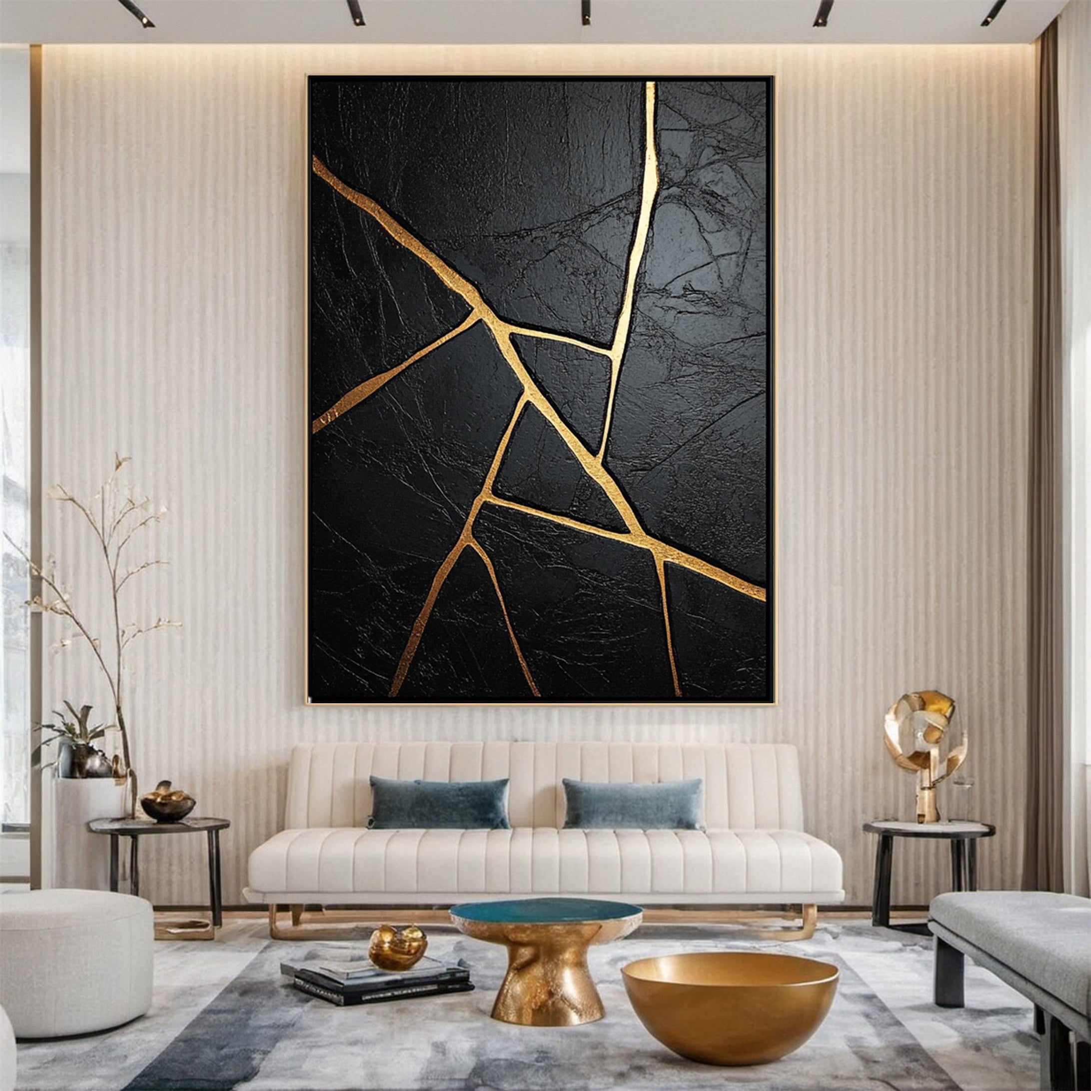 Golden Cracks Black Modern Abstract Art for Elegant Interiors #MMA 108