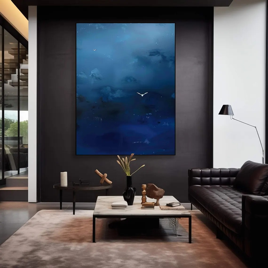 Abstract Sky Canvas Art Deep Blue Wall Decor with Birds #AP 076
