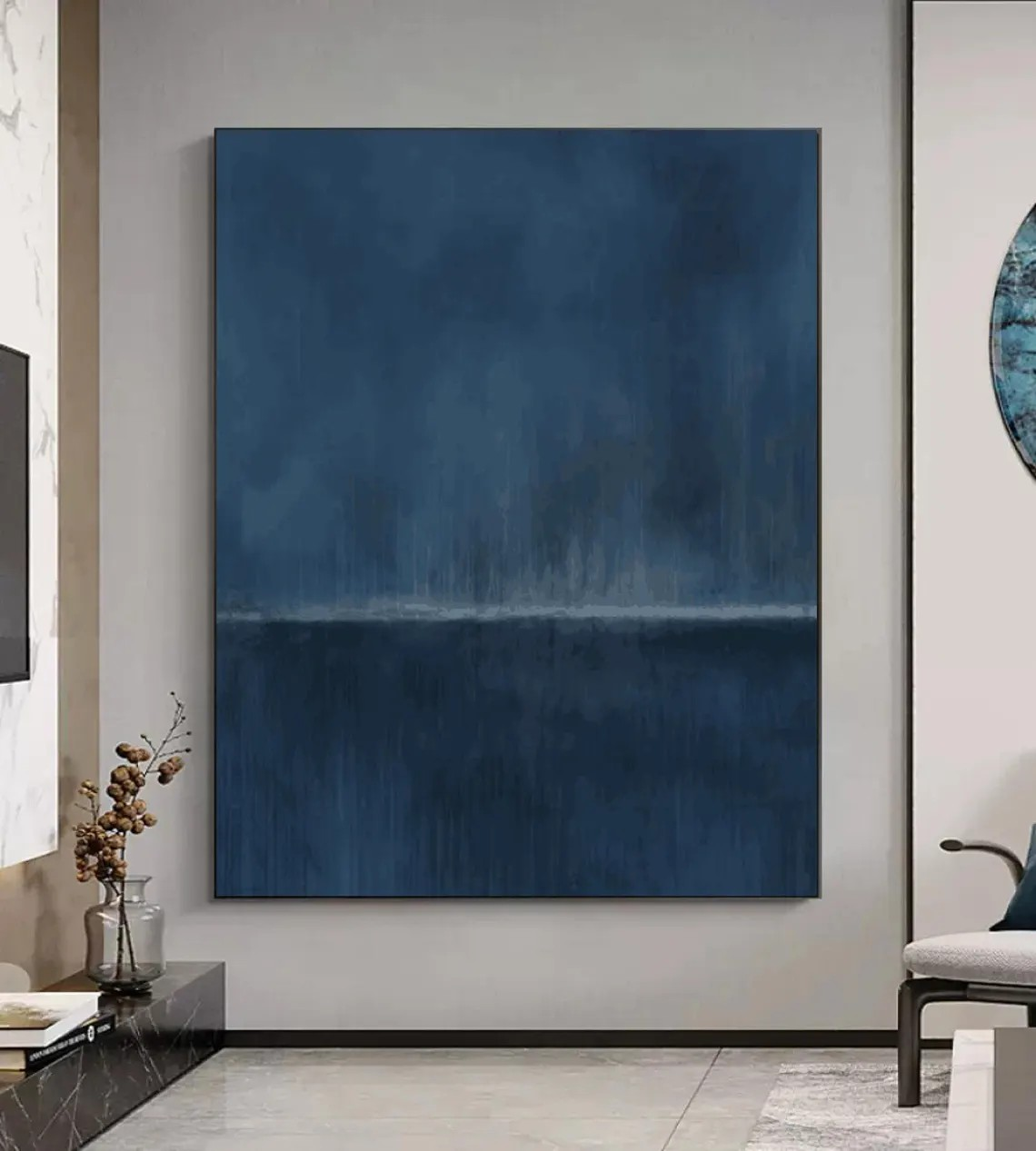 Deep Blue Abstract Canvas Art Modern Minimalist Wall Decor #AP 074