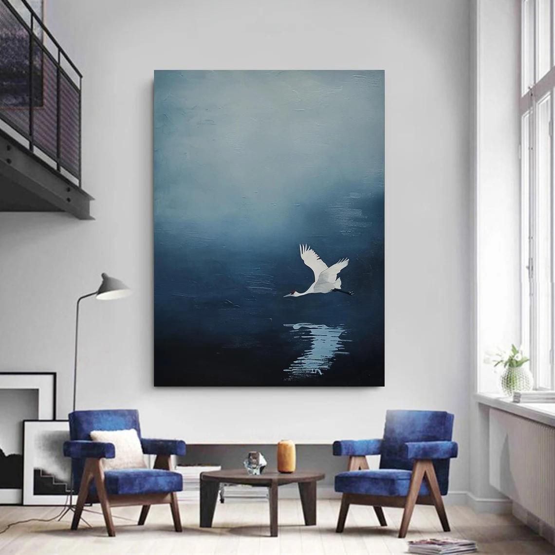 White Crane in Flight Misty Blue Abstract Canvas Art #AP 078