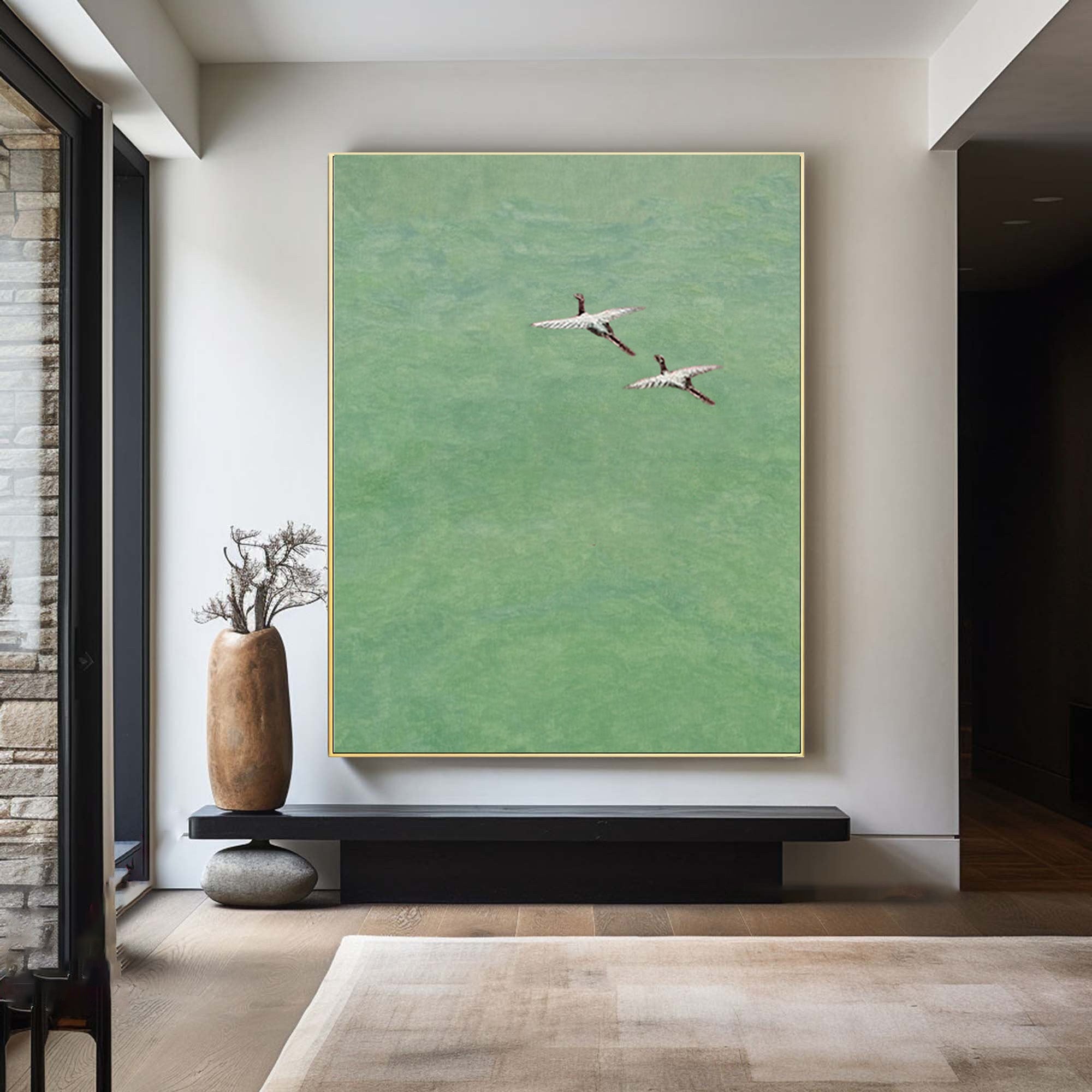Modern Crane Silhouette Art | Muted Green Wall Decor #AG 086