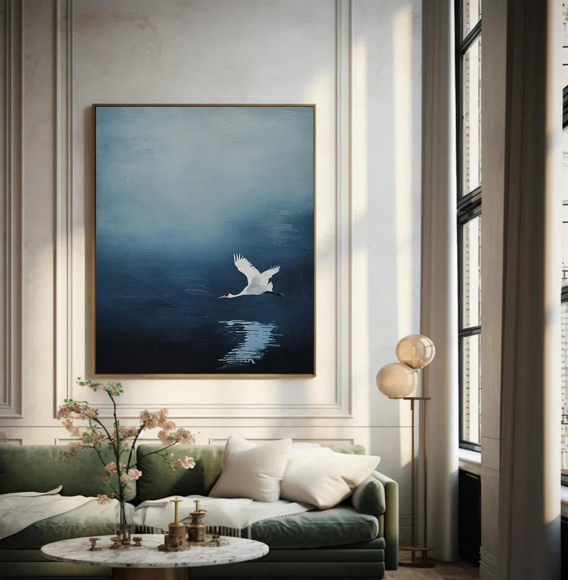 White Crane in Flight Misty Blue Abstract Canvas Art #AP 078