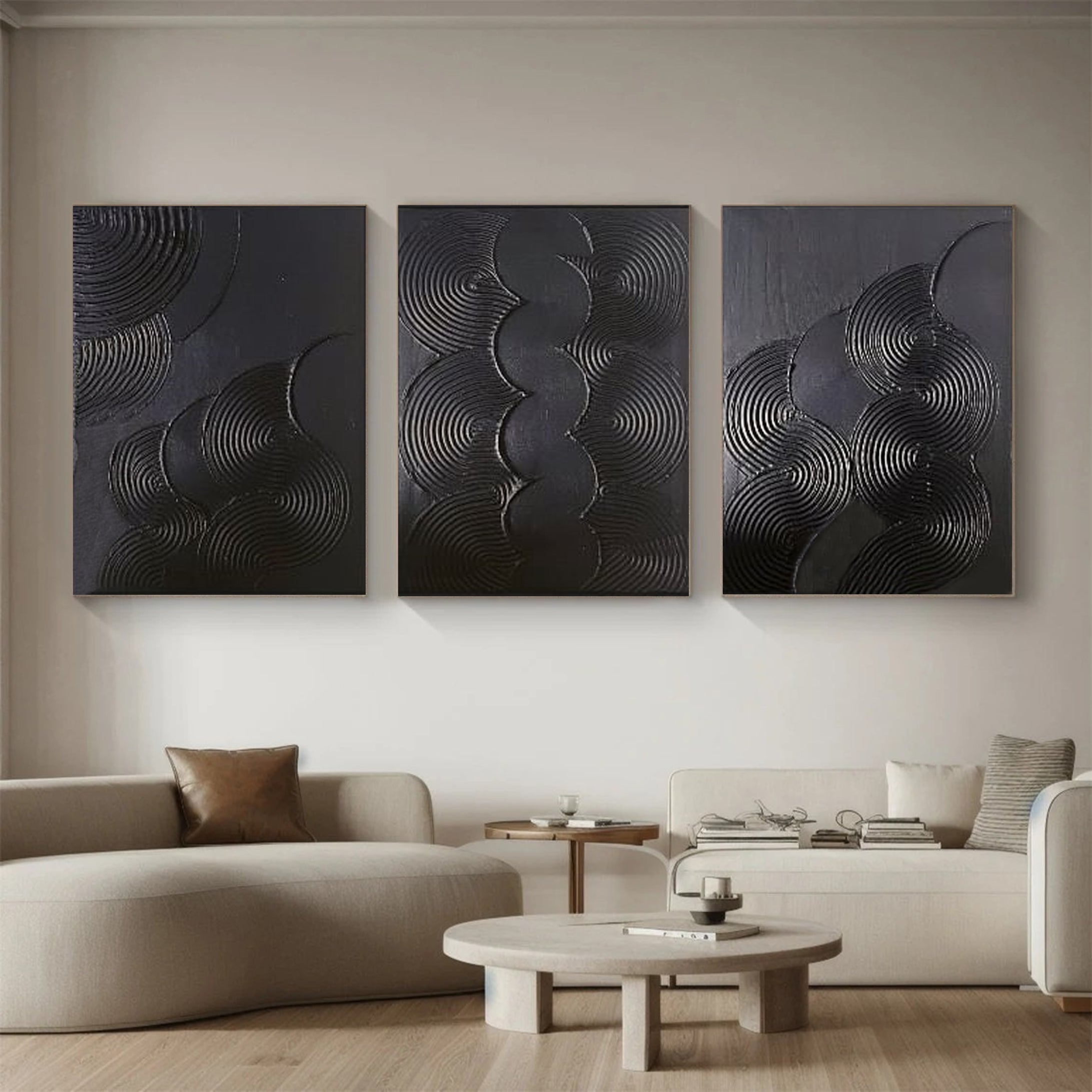 Mystic Rhythms Trio of Black Textured Abstract Paintings #MMAS 063