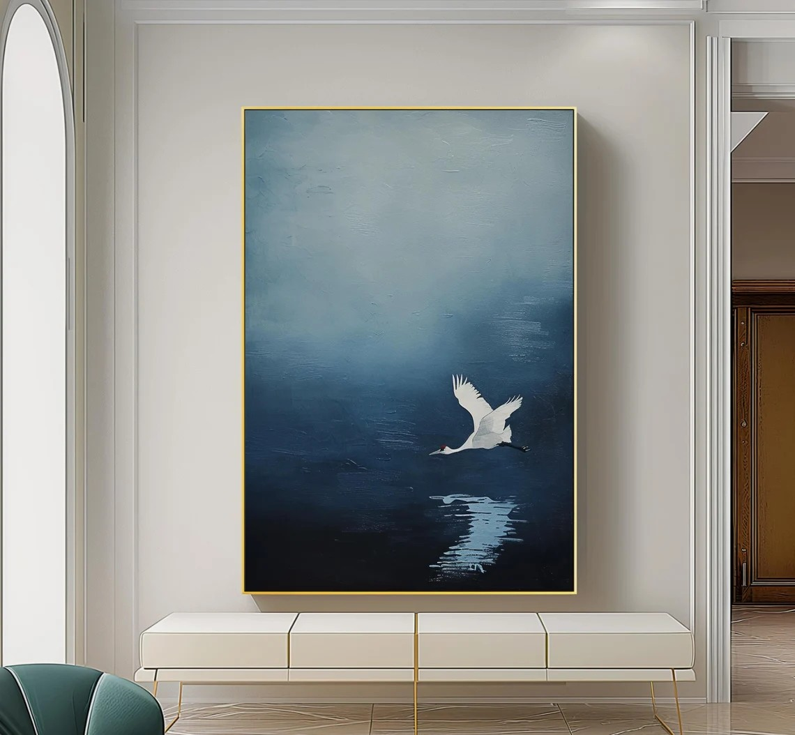 White Crane in Flight Misty Blue Abstract Canvas Art #AP 078