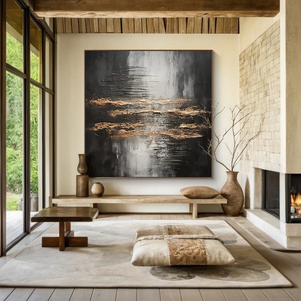 Large Metallic Gold & Black Abstract Wall Art #AP 102