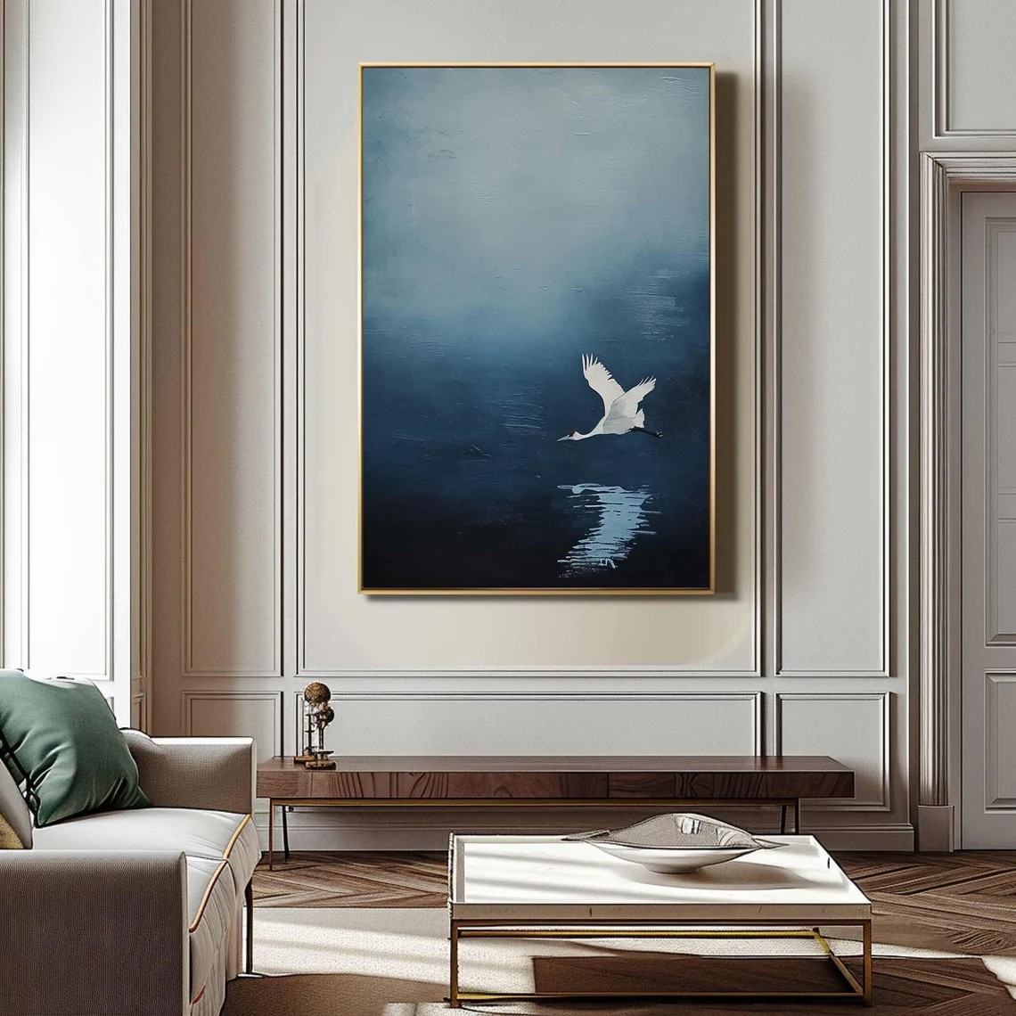 White Crane in Flight Misty Blue Abstract Canvas Art #AP 078