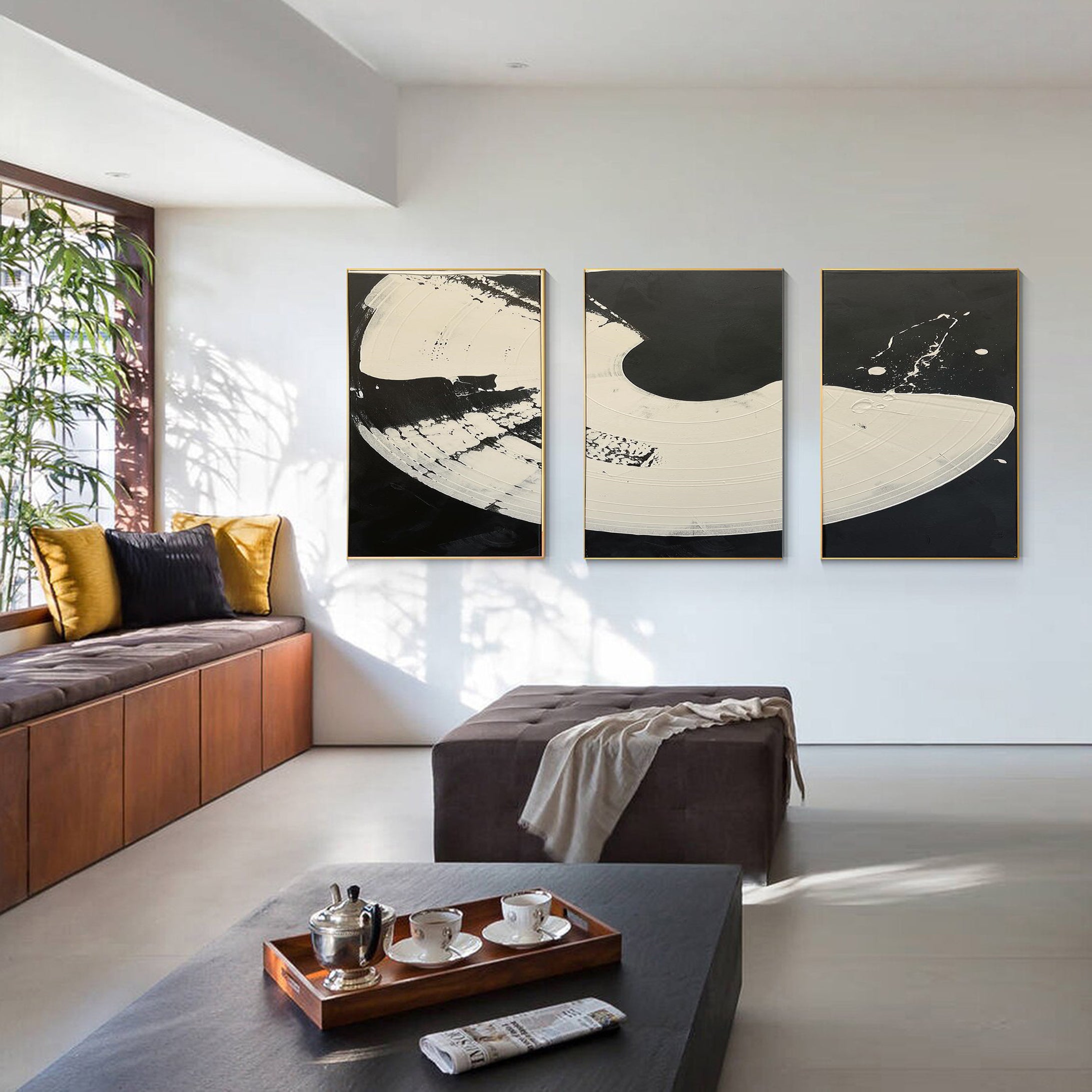 Lunar Phases Abstract Black and White Triptych Canvas Art #MMAS 064