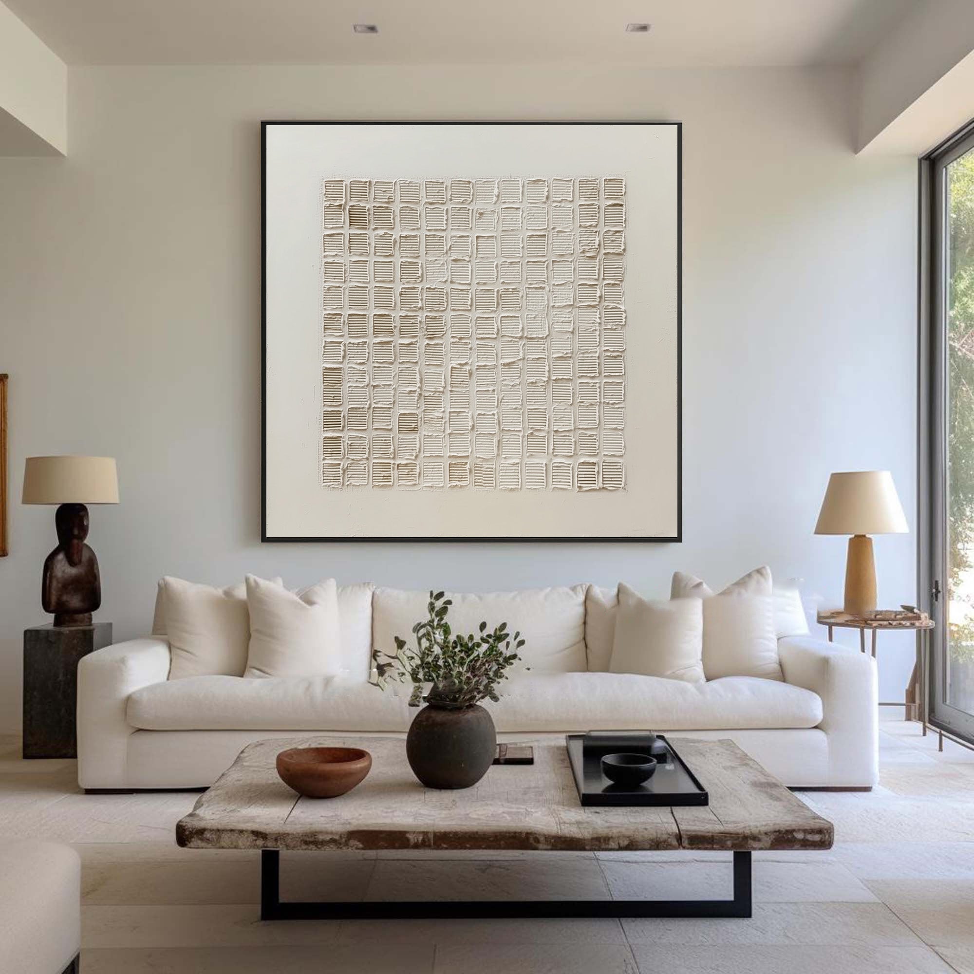 Large Textured Grid Art - Minimalist White Abstract #AG 058
