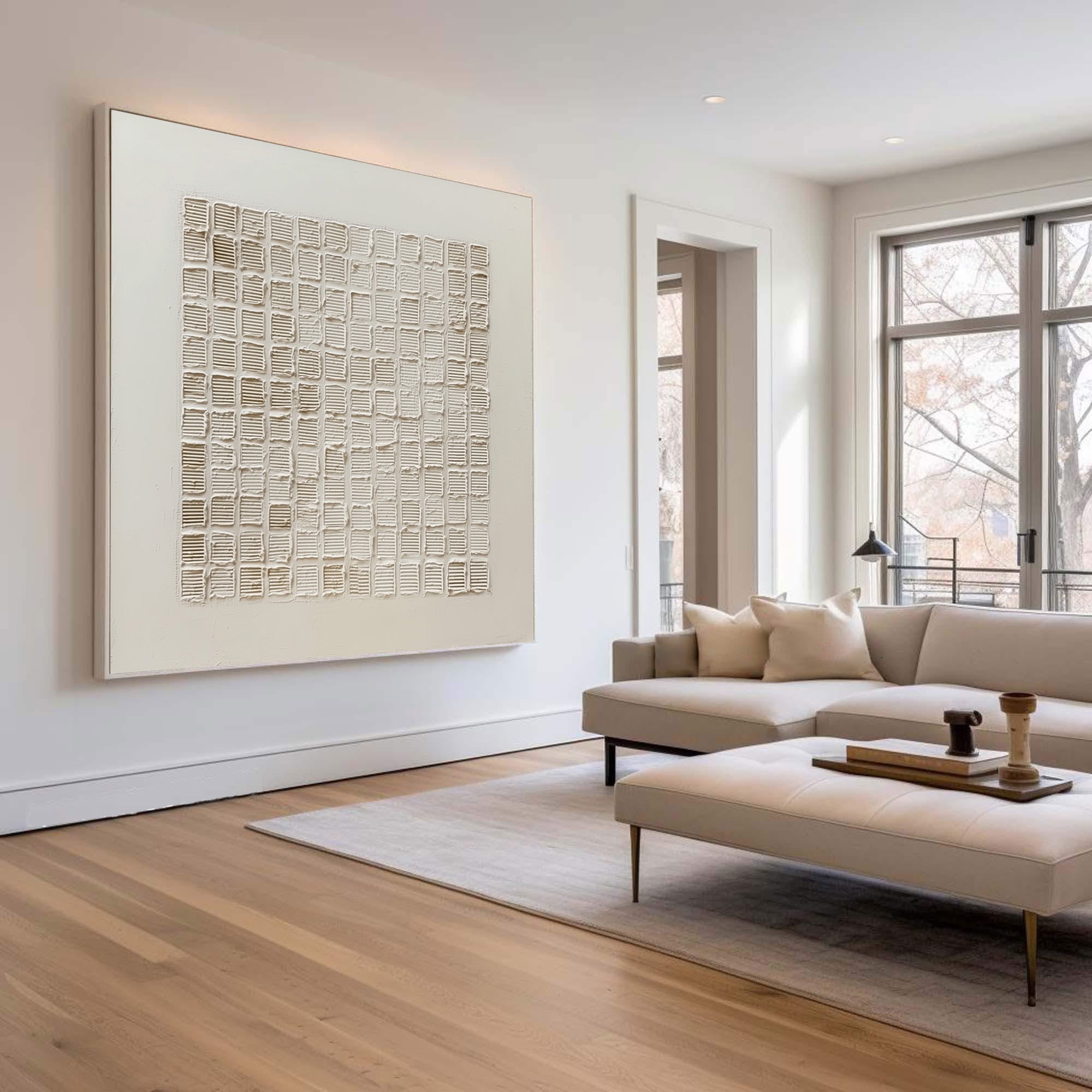 Large Textured Grid Art - Minimalist White Abstract #AG 058