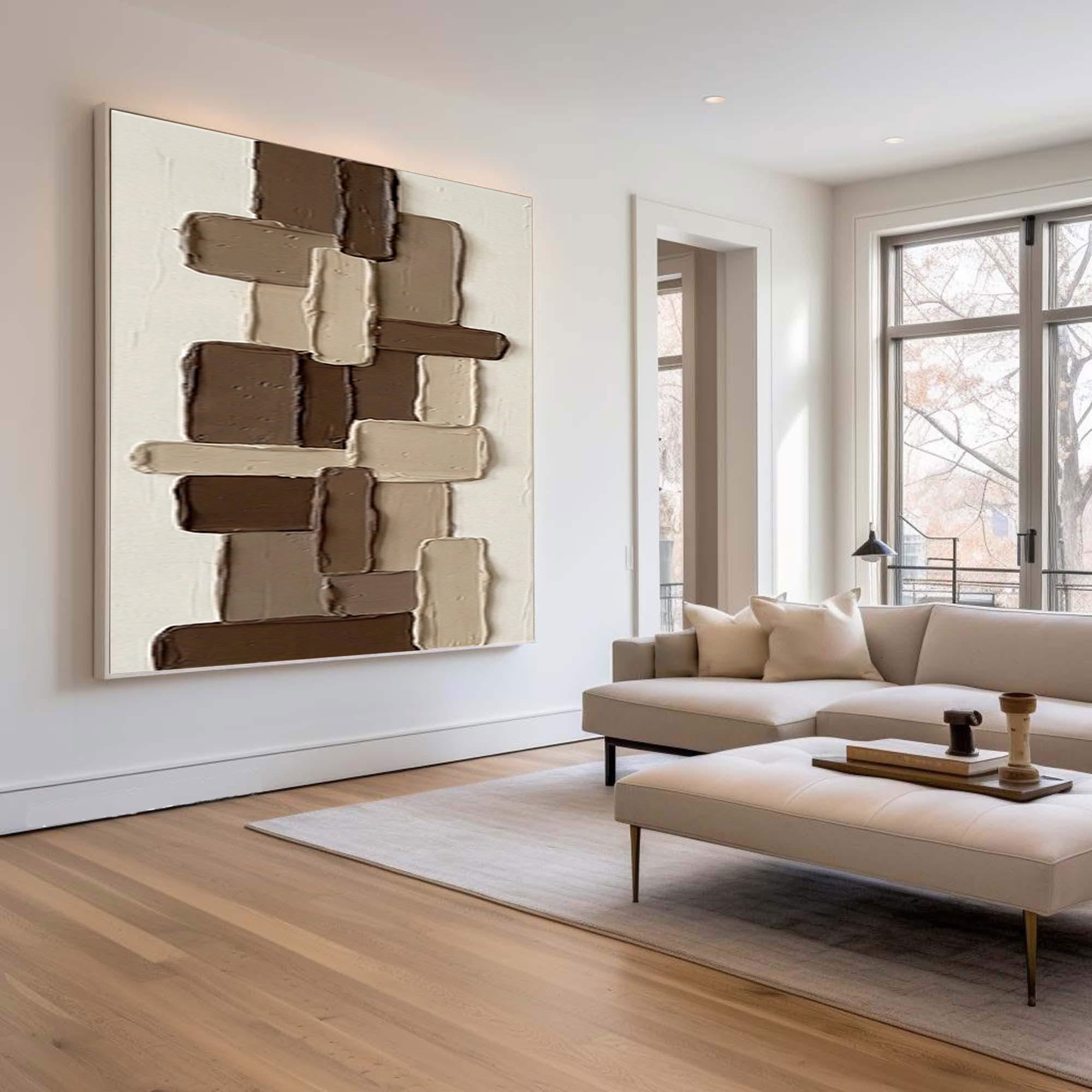 Large Brown Textured Abstract Wall Art Hand Painted Geometric Canvas 
