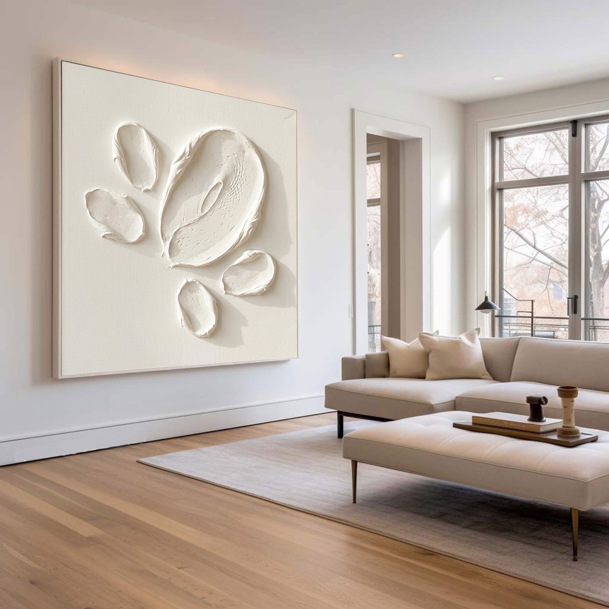 Large Contemporary Textured Oil Painting in Neutral White for Modern Home Decor 