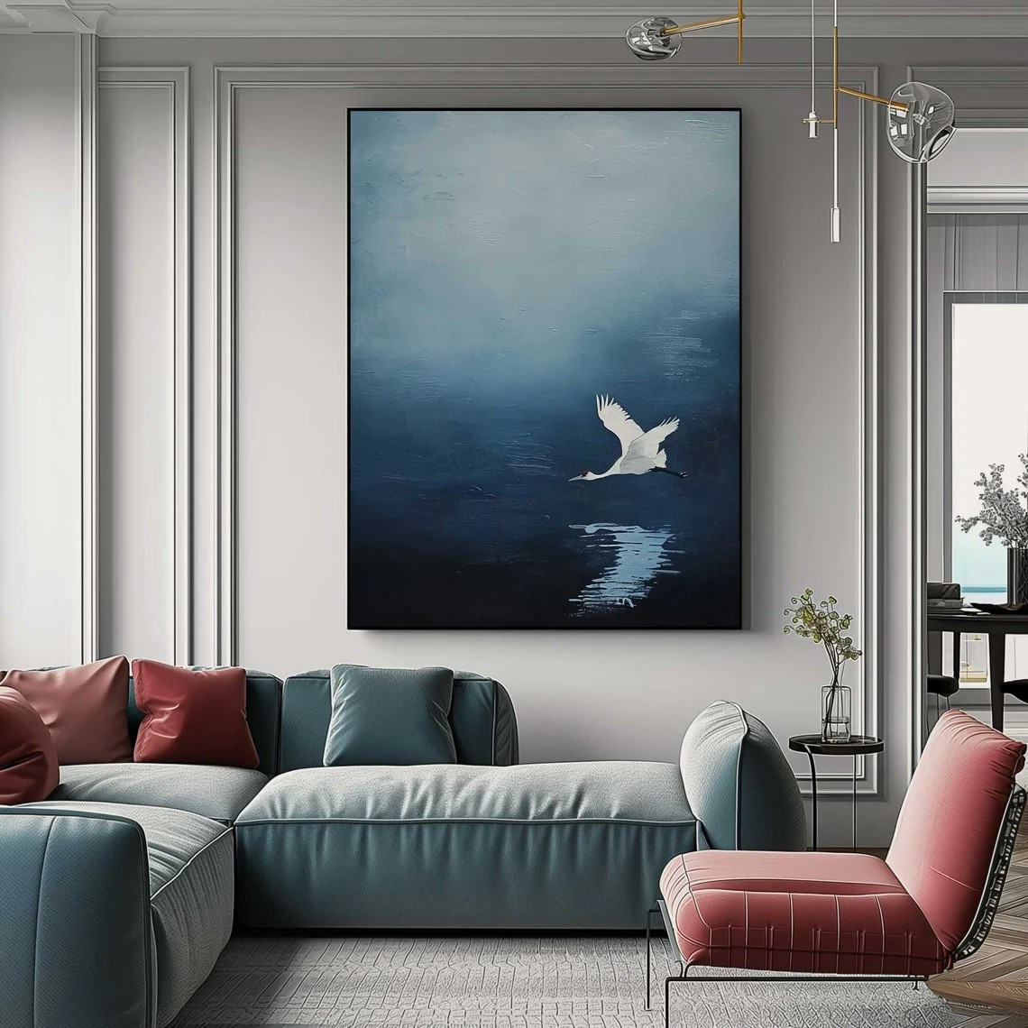 White Crane in Flight Misty Blue Abstract Canvas Art #AP 078