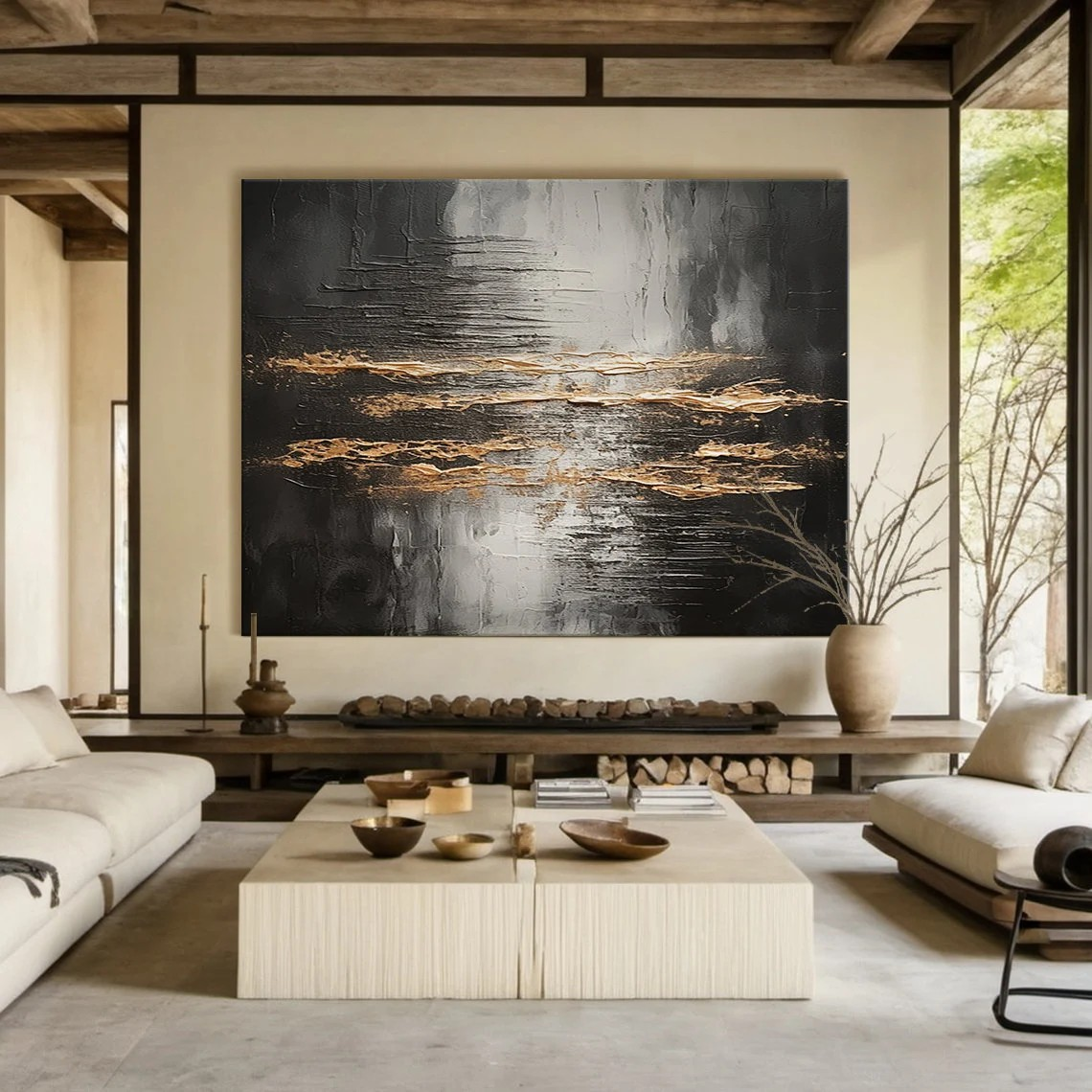 Large Metallic Gold & Black Abstract Wall Art #AP 102