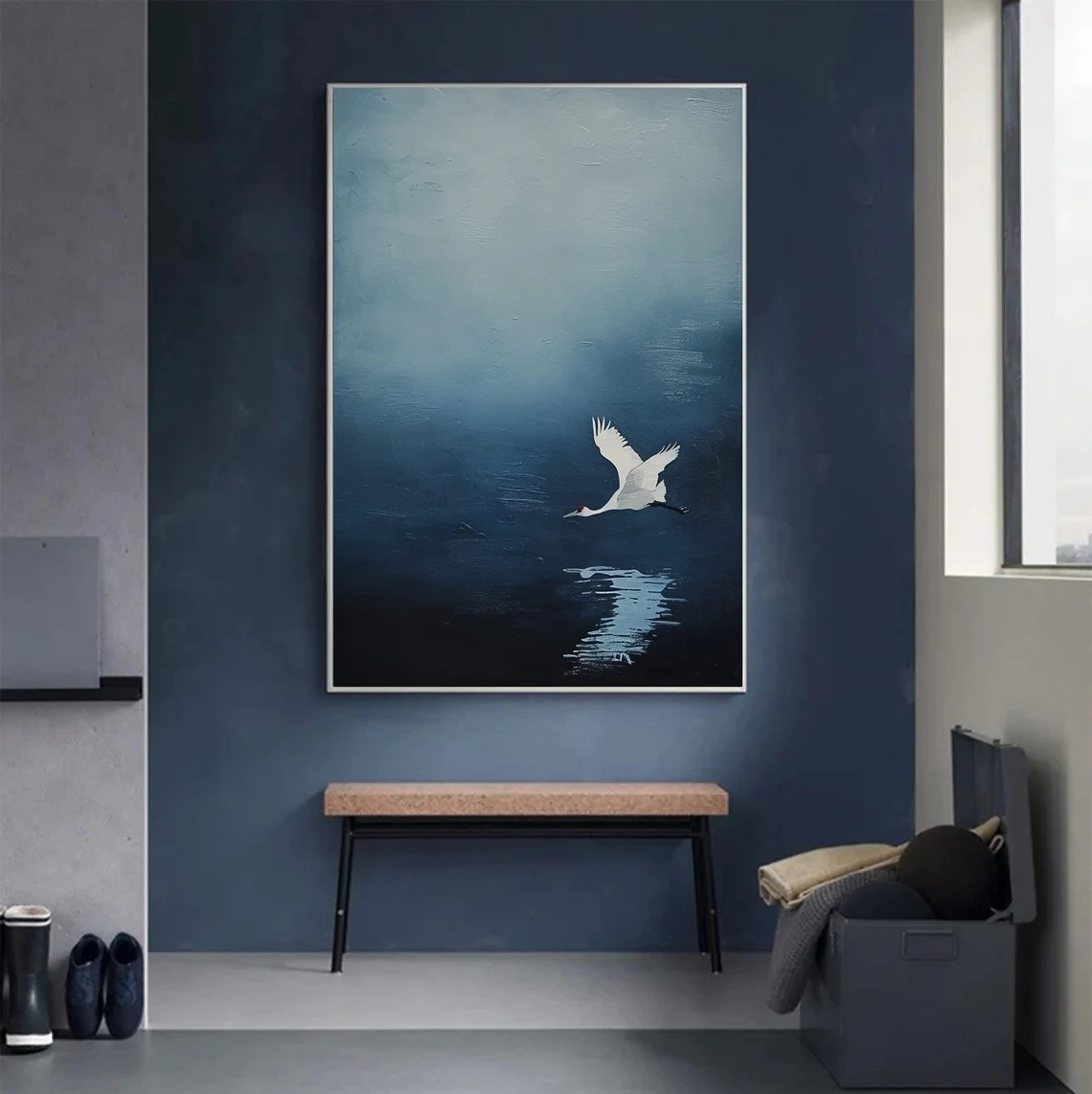 White Crane in Flight Misty Blue Abstract Canvas Art #AP 078