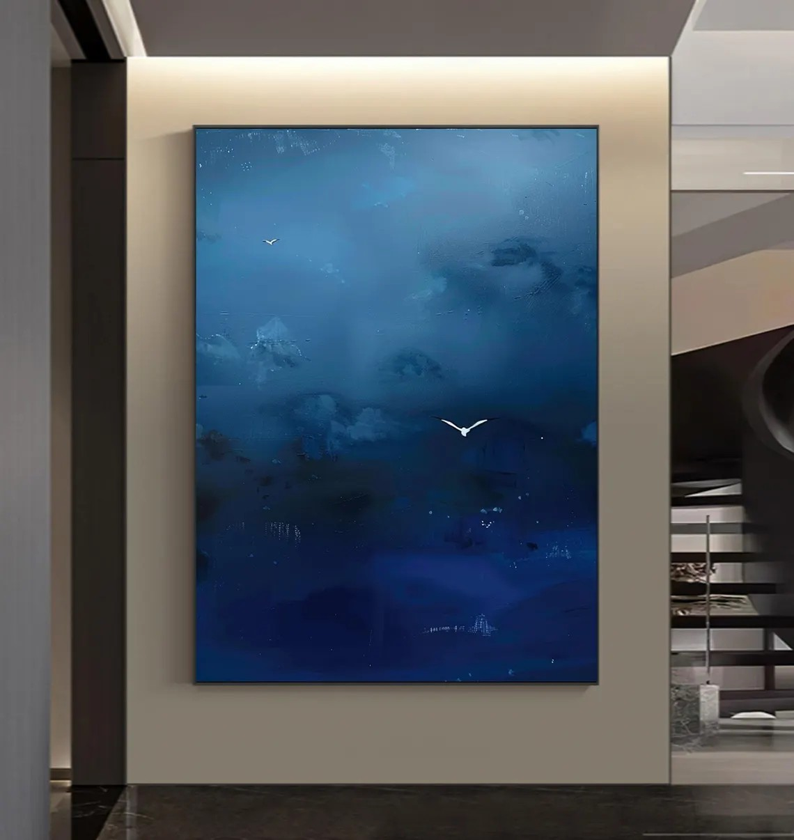 Abstract Sky Canvas Art Deep Blue Wall Decor with Birds #AP 076
