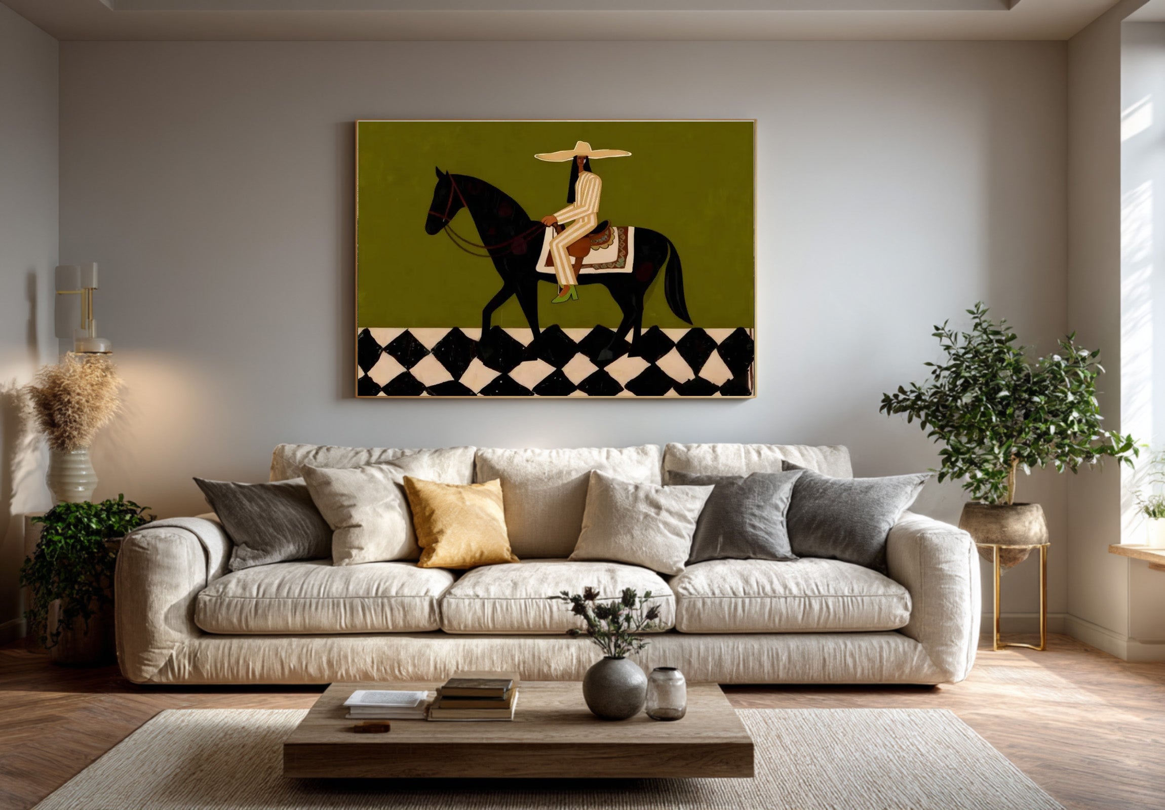 Large Modern Equestrian Wall Art Black Horse and Rider Painting | KeiraArt