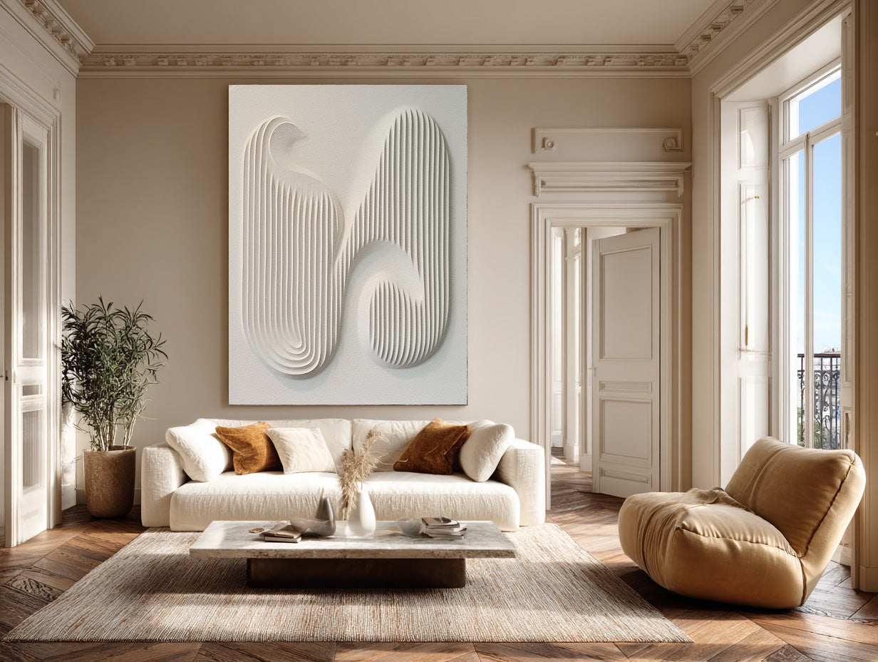 Minimalist Beige Relief Sculpture Geometric Wall Decor #AG 083
