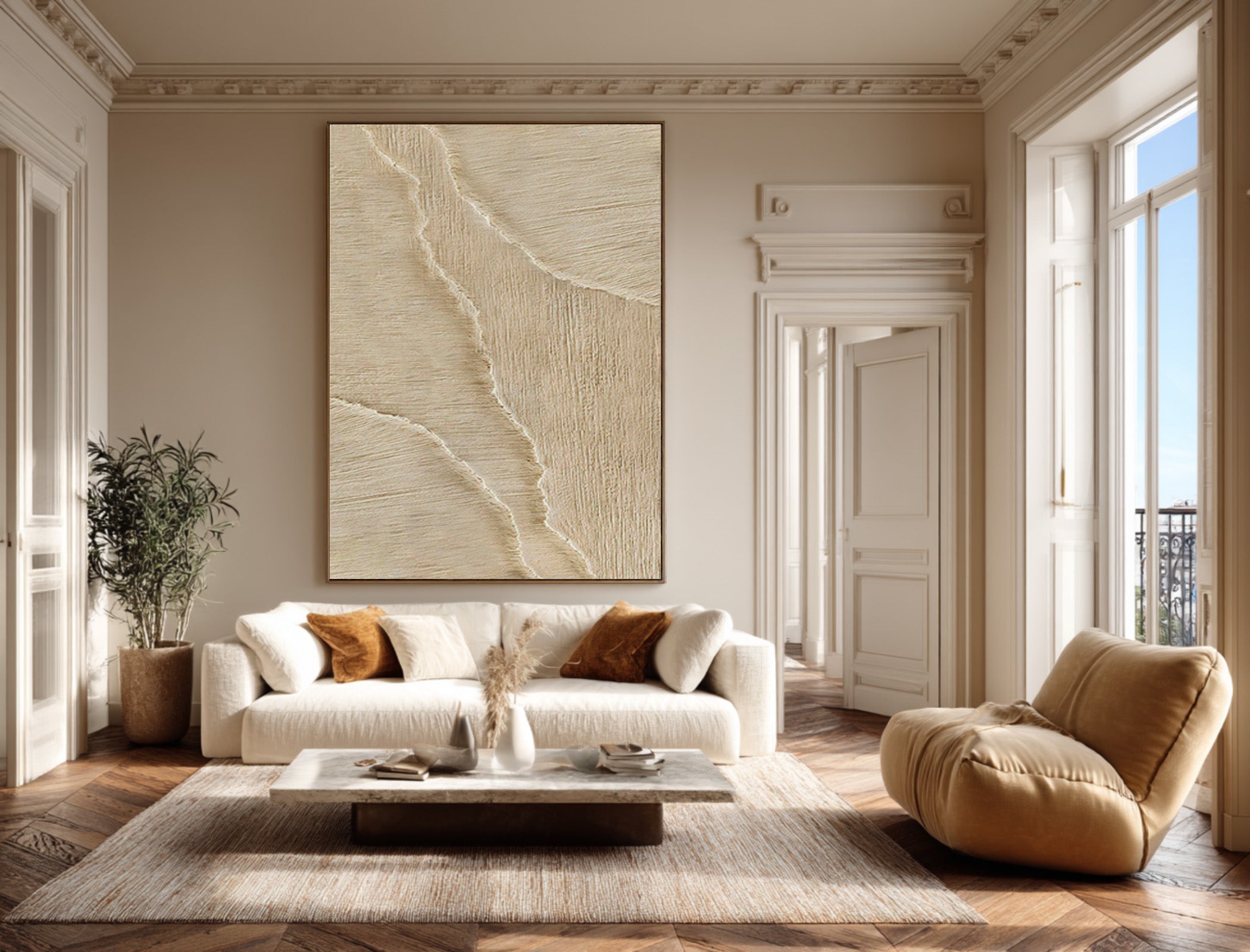 Modern Minimalist Wave Art - Tall Neutral Tone Canvas #AG 072