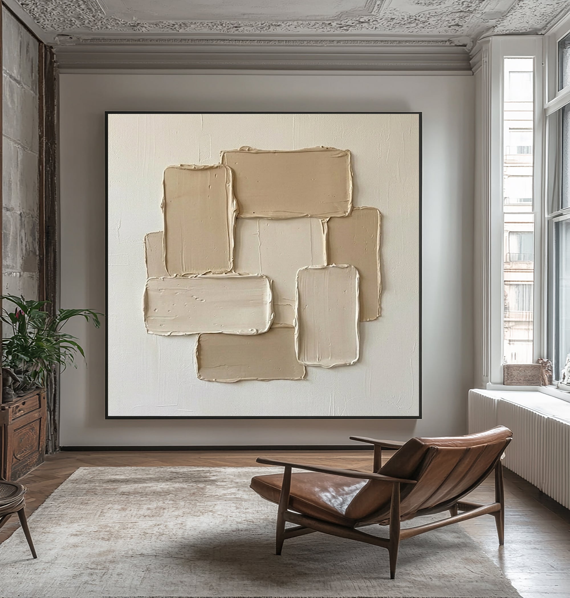 Large Contemporary Oil Painting in Beige and White with Abstract Textured Blocks 
