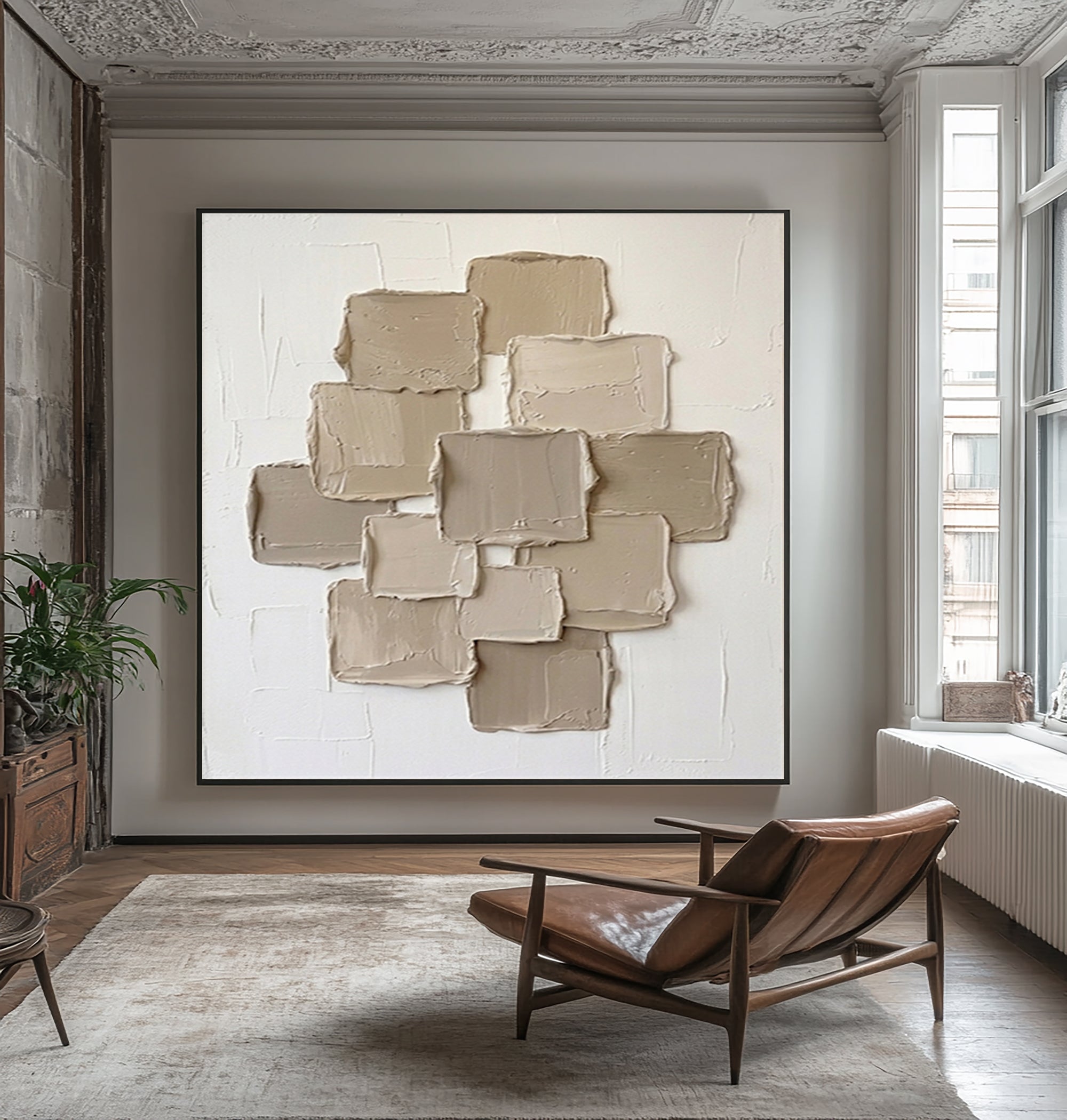 Large Stone Block Wall Art Neutral Contemporary Hand Painted Canvas Painting 