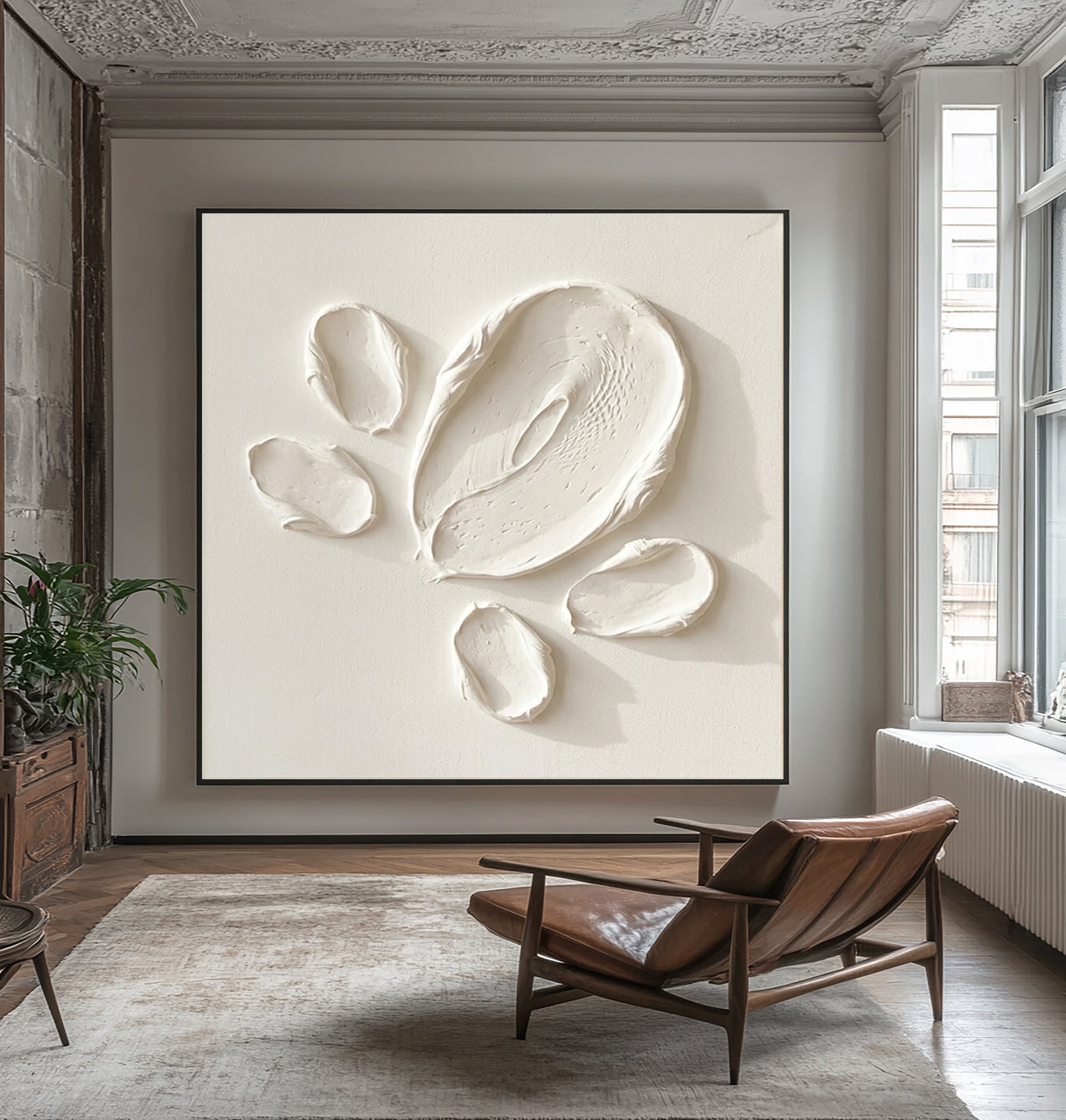 Large Contemporary Textured Oil Painting in Neutral White for Modern Home Decor 